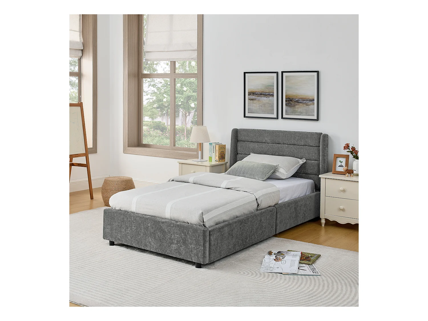 Cama individual de 90 x 200 cm con 2 cajones, tejido chenilla gris oscuro, sin colchón