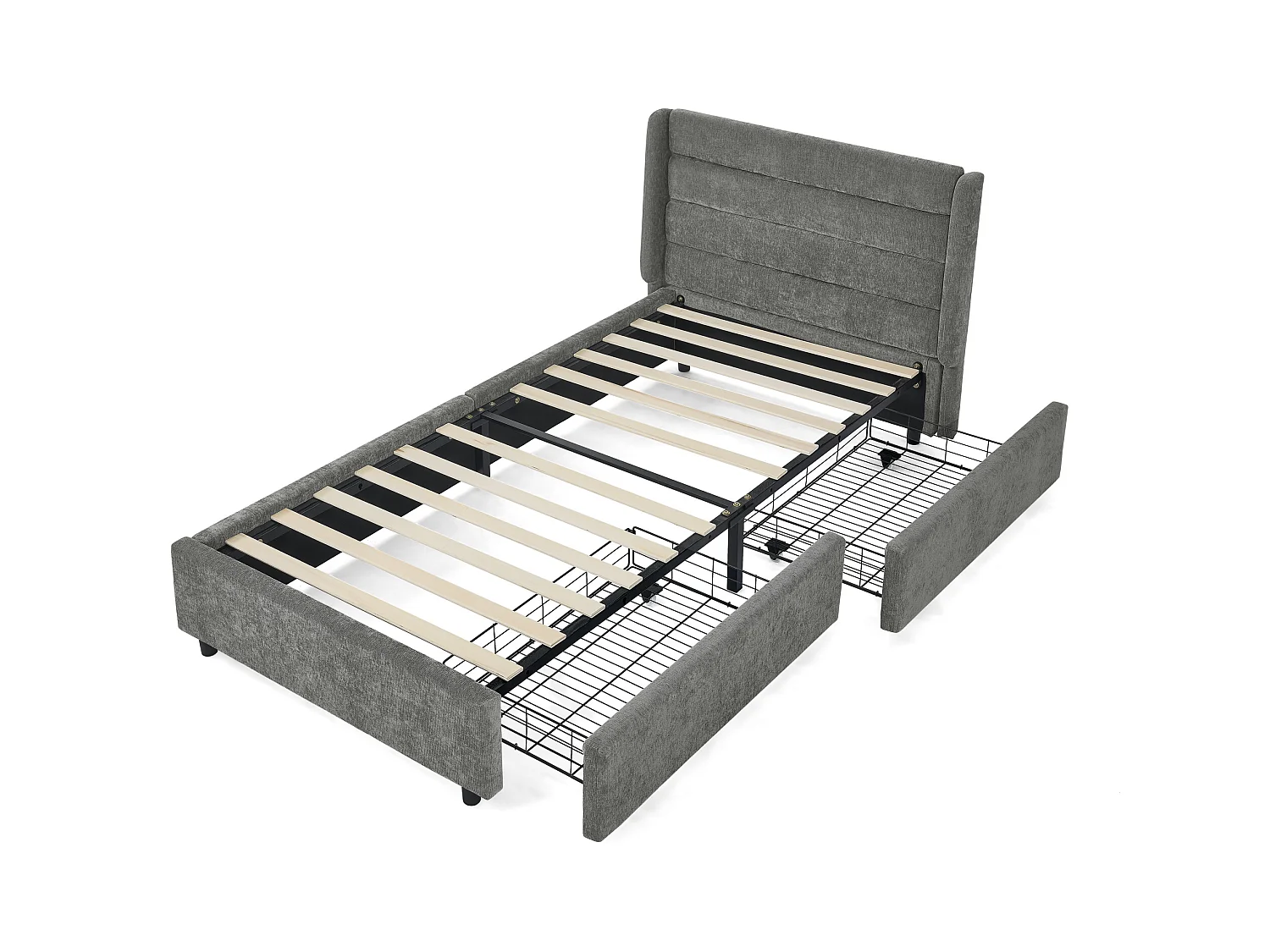 Cama individual de 90 x 200 cm con 2 cajones, tejido chenilla gris oscuro, sin colchón