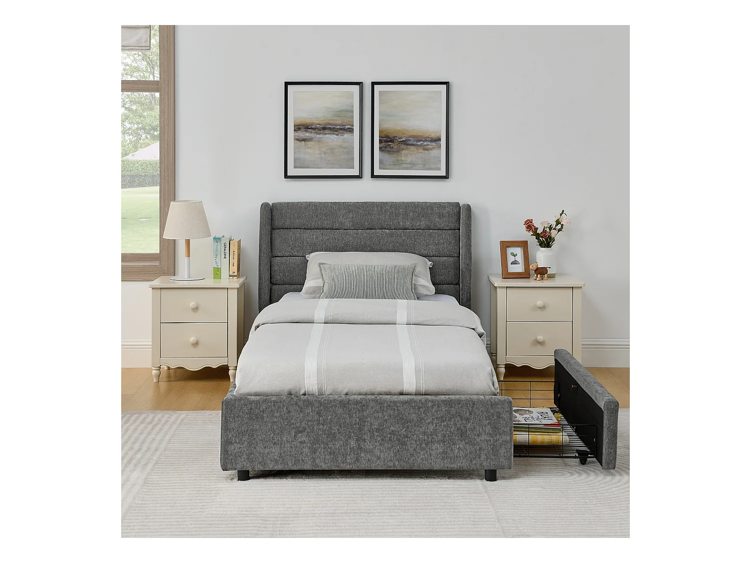 Cama individual de 90 x 200 cm con 2 cajones, tejido chenilla gris oscuro, sin colchón