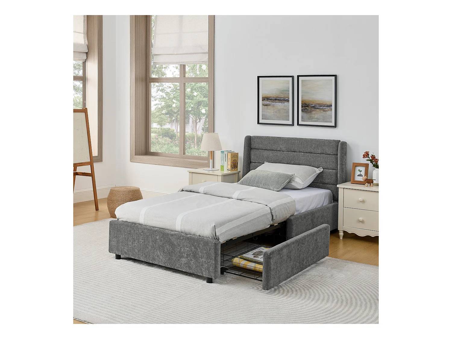 Cama individual de 90 x 200 cm con 2 cajones, tejido chenilla gris oscuro, sin colchón