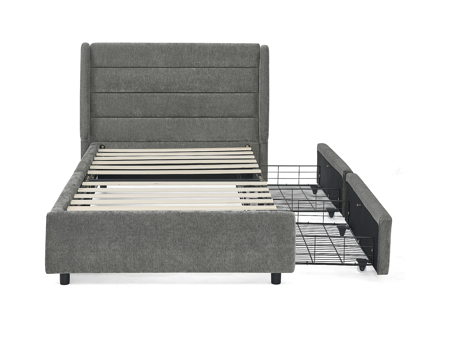 Cama individual de 90 x 200 cm con 2 cajones, tejido chenilla gris oscuro, sin colchón