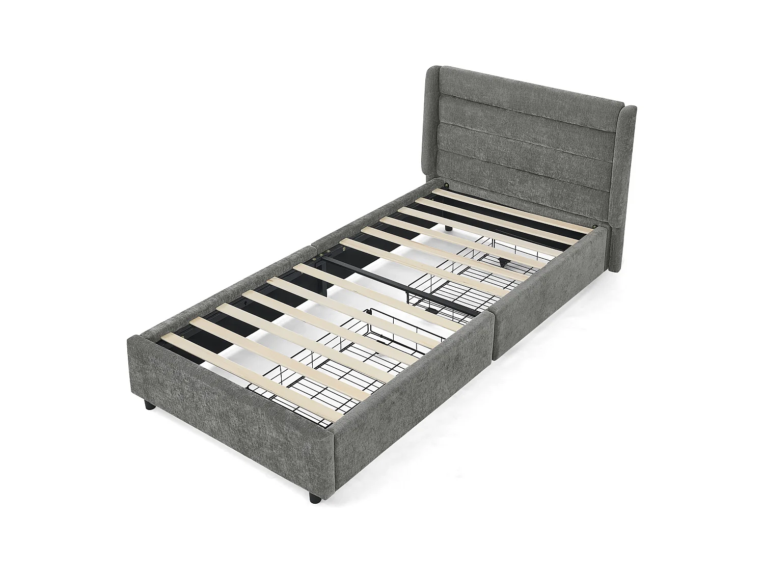 Cama individual de 90 x 200 cm con 2 cajones, tejido chenilla gris oscuro, sin colchón