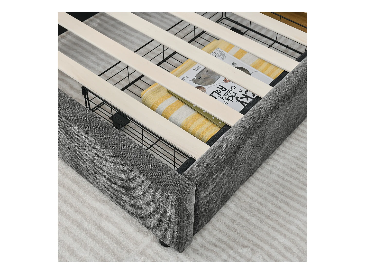 Cama individual de 90 x 200 cm con 2 cajones, tejido chenilla gris oscuro, sin colchón