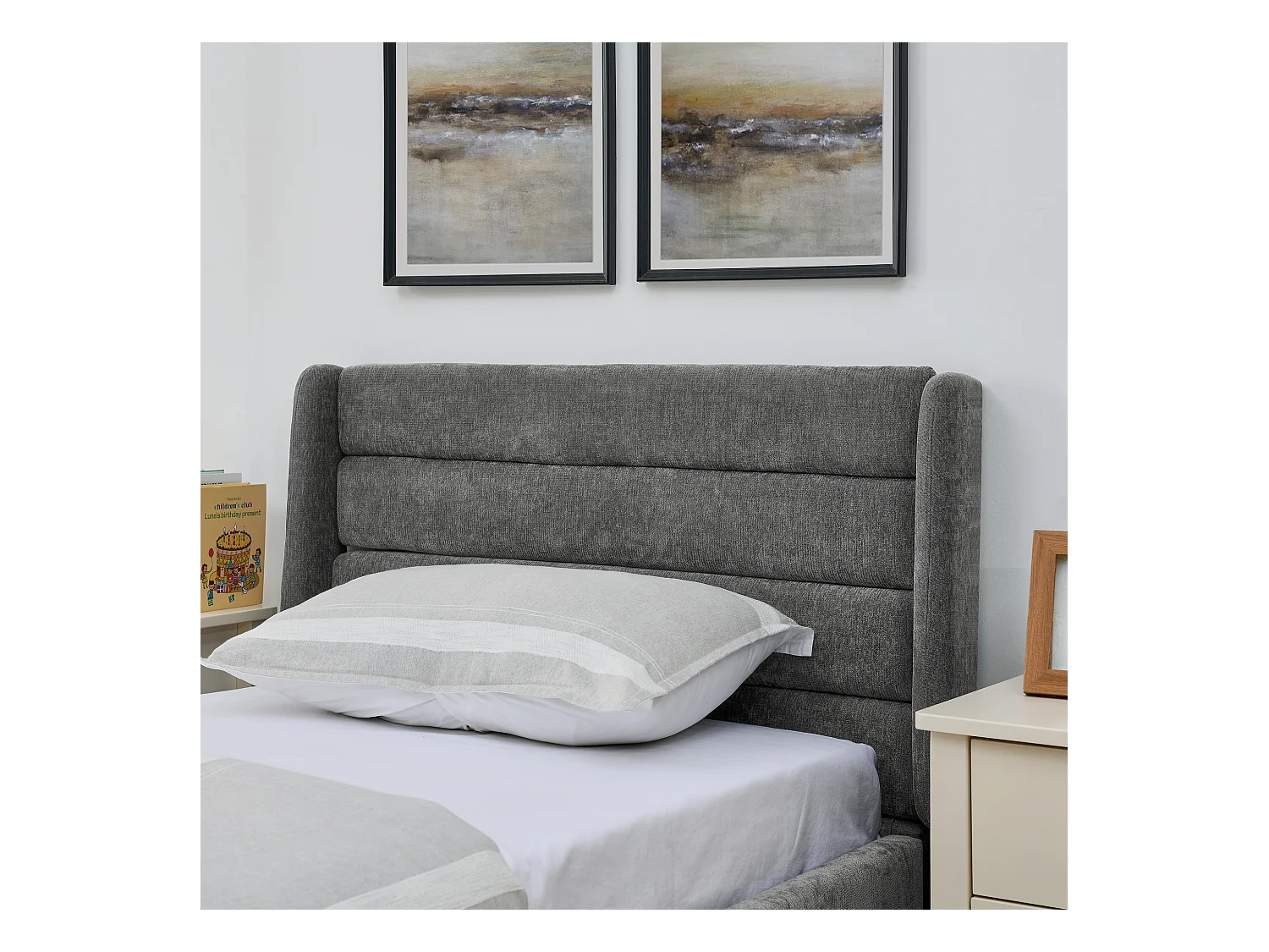 Cama individual de 90 x 200 cm con 2 cajones, tejido chenilla gris oscuro, sin colchón