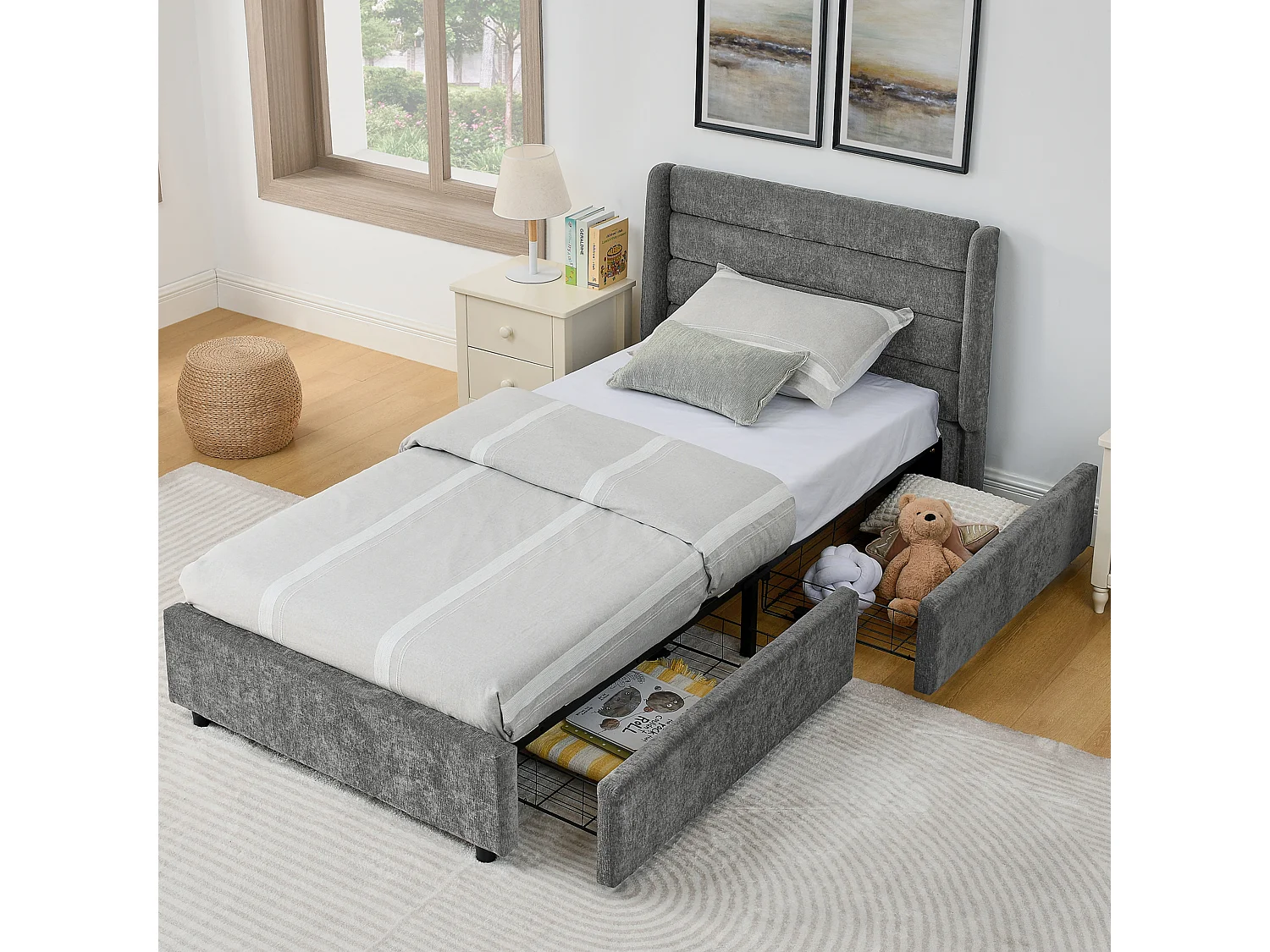 Lit simple 90 x 200 cm avec 2 tiroirs, tissu chenille gris foncé, sans matelas