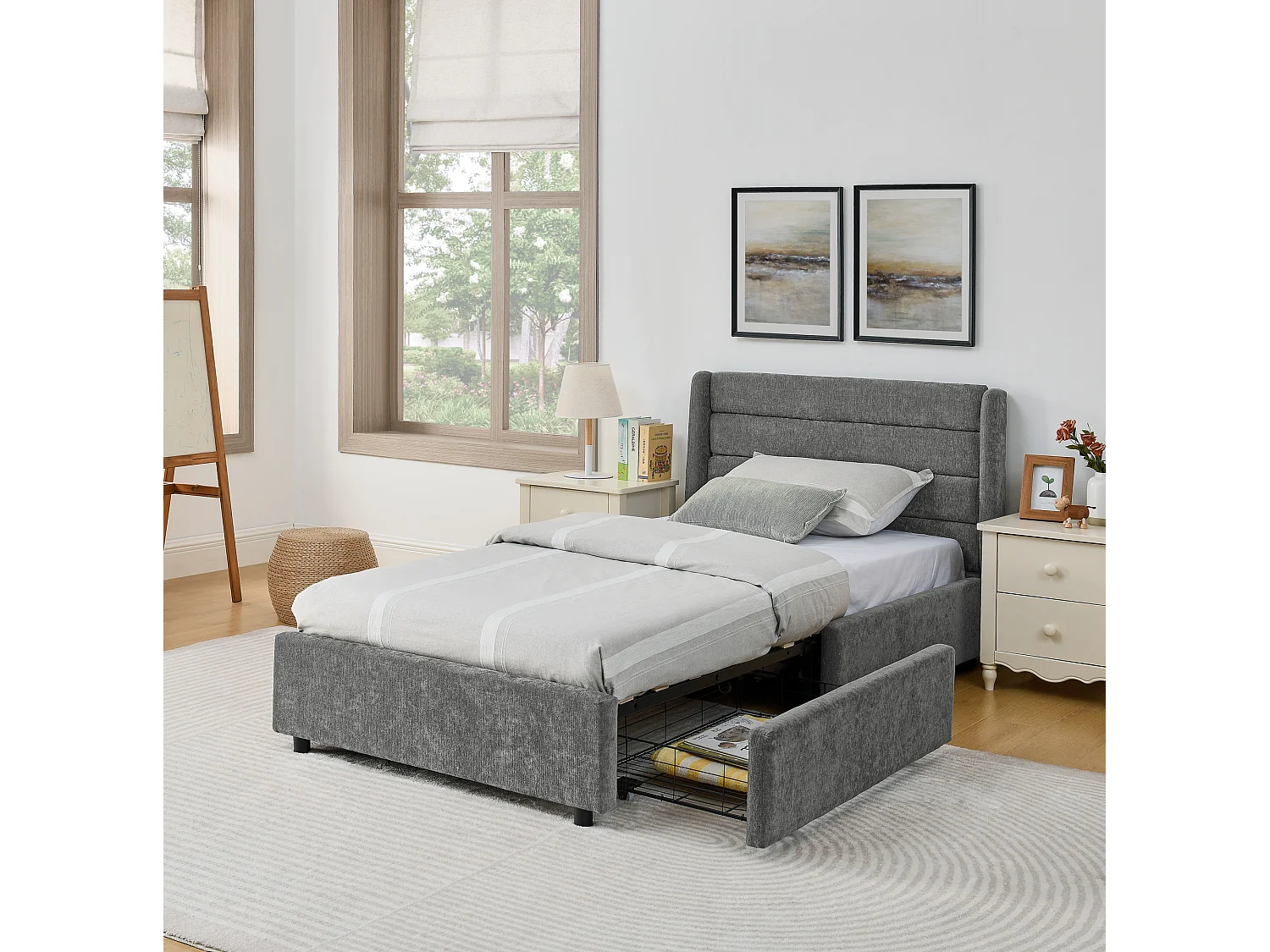 Lit simple 90 x 200 cm avec 2 tiroirs, tissu chenille gris foncé, sans matelas