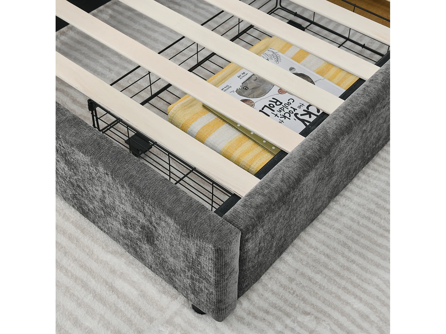 Lit simple 90 x 200 cm avec 2 tiroirs, tissu chenille gris foncé, sans matelas