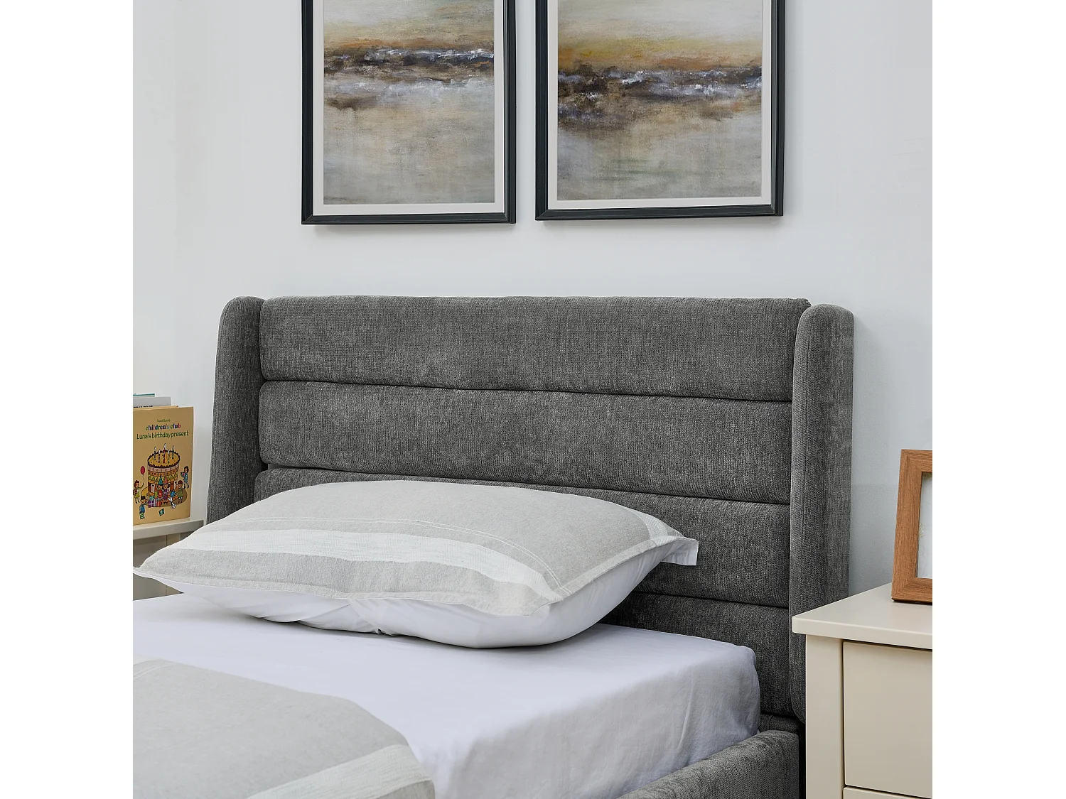 Lit simple 90 x 200 cm avec 2 tiroirs, tissu chenille gris foncé, sans matelas
