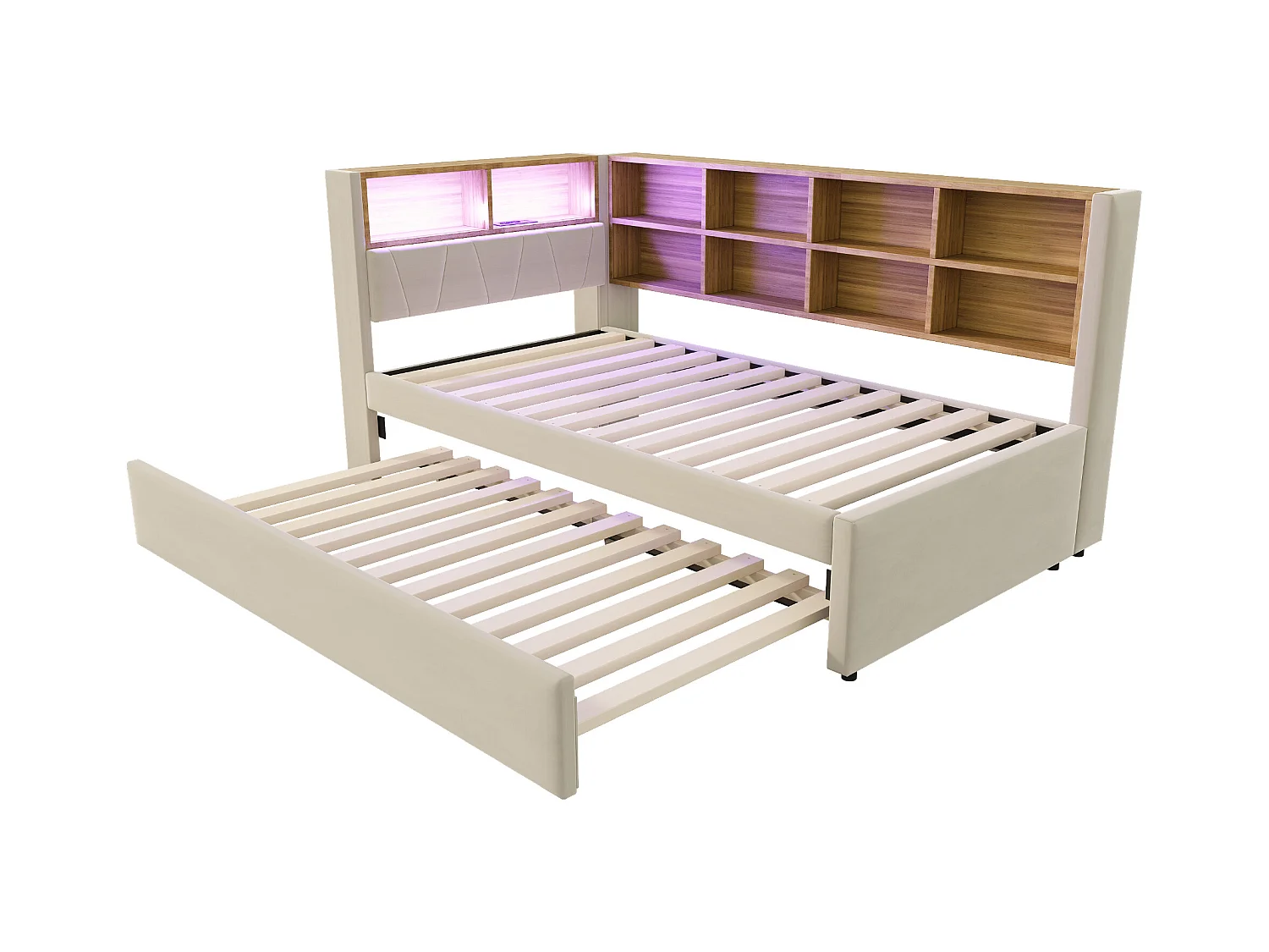 Divano letto beige 90x200cm con letto estraibile 90x190cm, illuminazione a LED, prese e contenitore, flanella