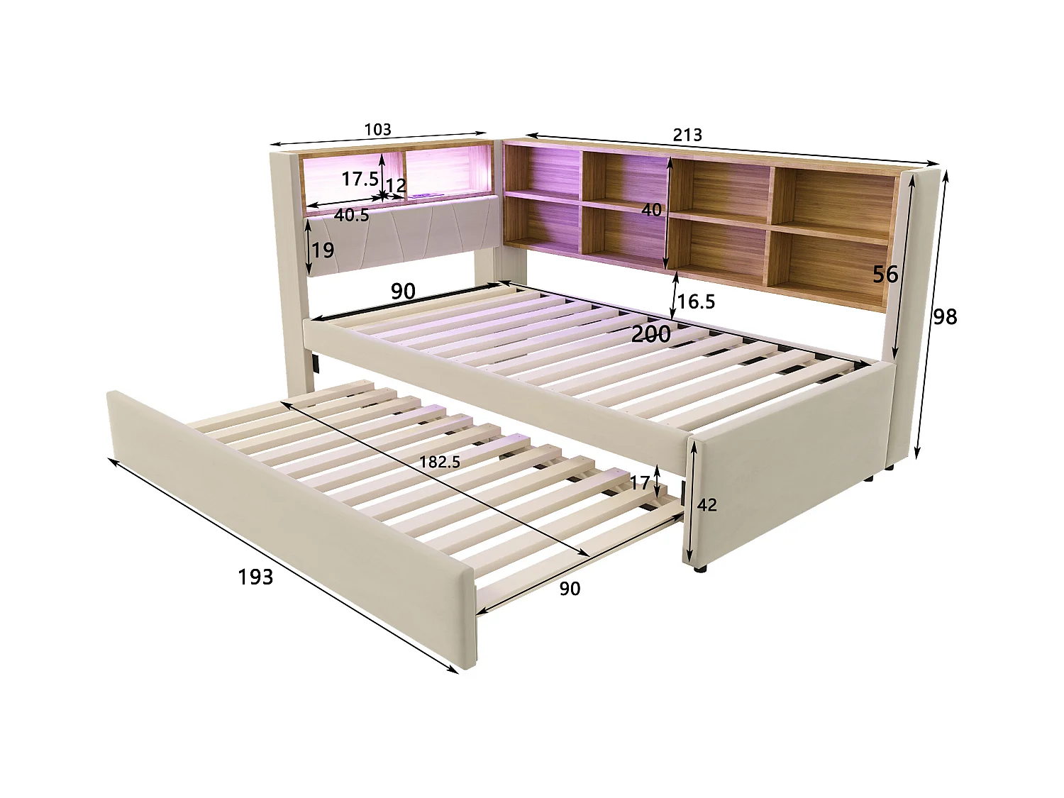 Divano letto beige 90x200cm con letto estraibile 90x190cm, illuminazione a LED, prese e contenitore, flanella