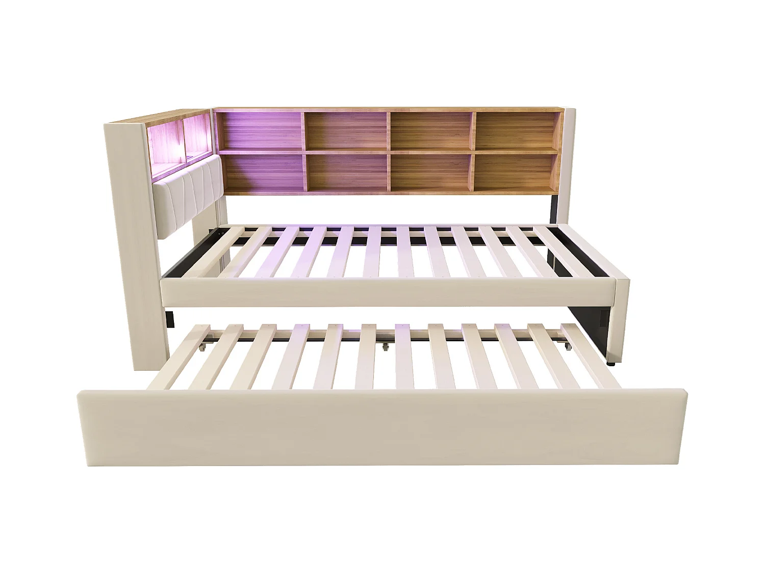 Divano letto beige 90x200cm con letto estraibile 90x190cm, illuminazione a LED, prese e contenitore, flanella