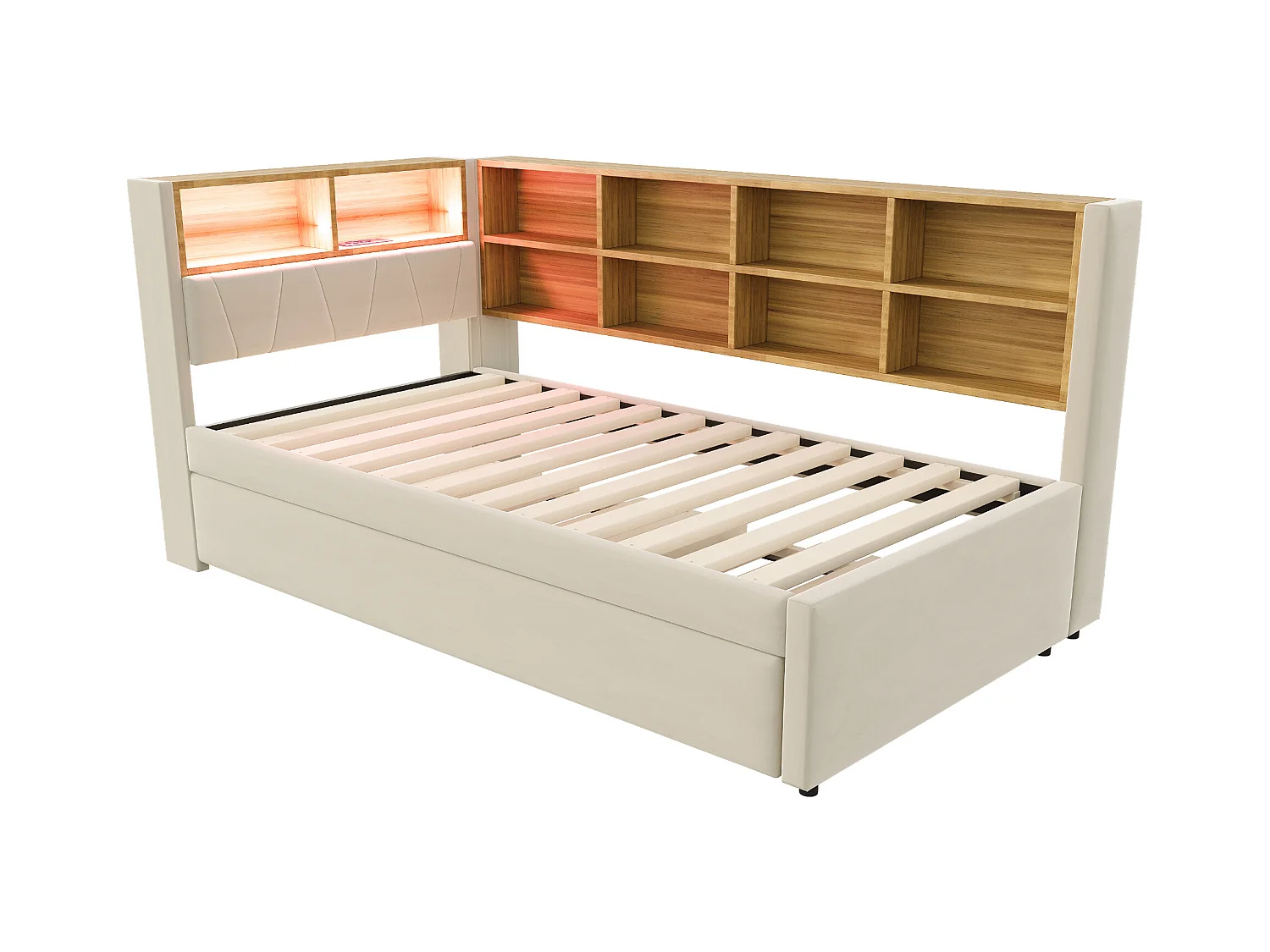 Divano letto beige 90x200cm con letto estraibile 90x190cm, illuminazione a LED, prese e contenitore, flanella