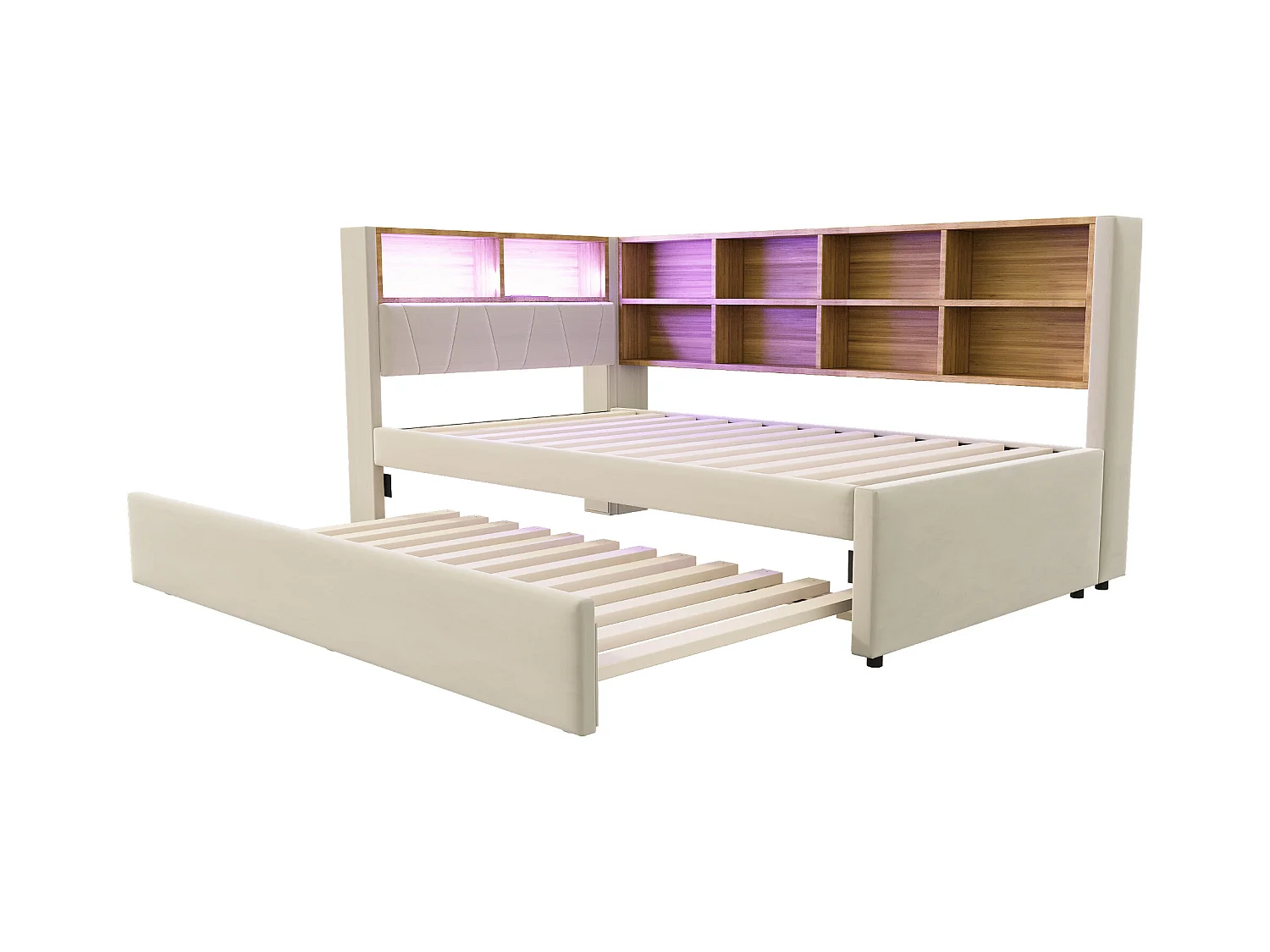 Divano letto beige 90x200cm con letto estraibile 90x190cm, illuminazione a LED, prese e contenitore, flanella