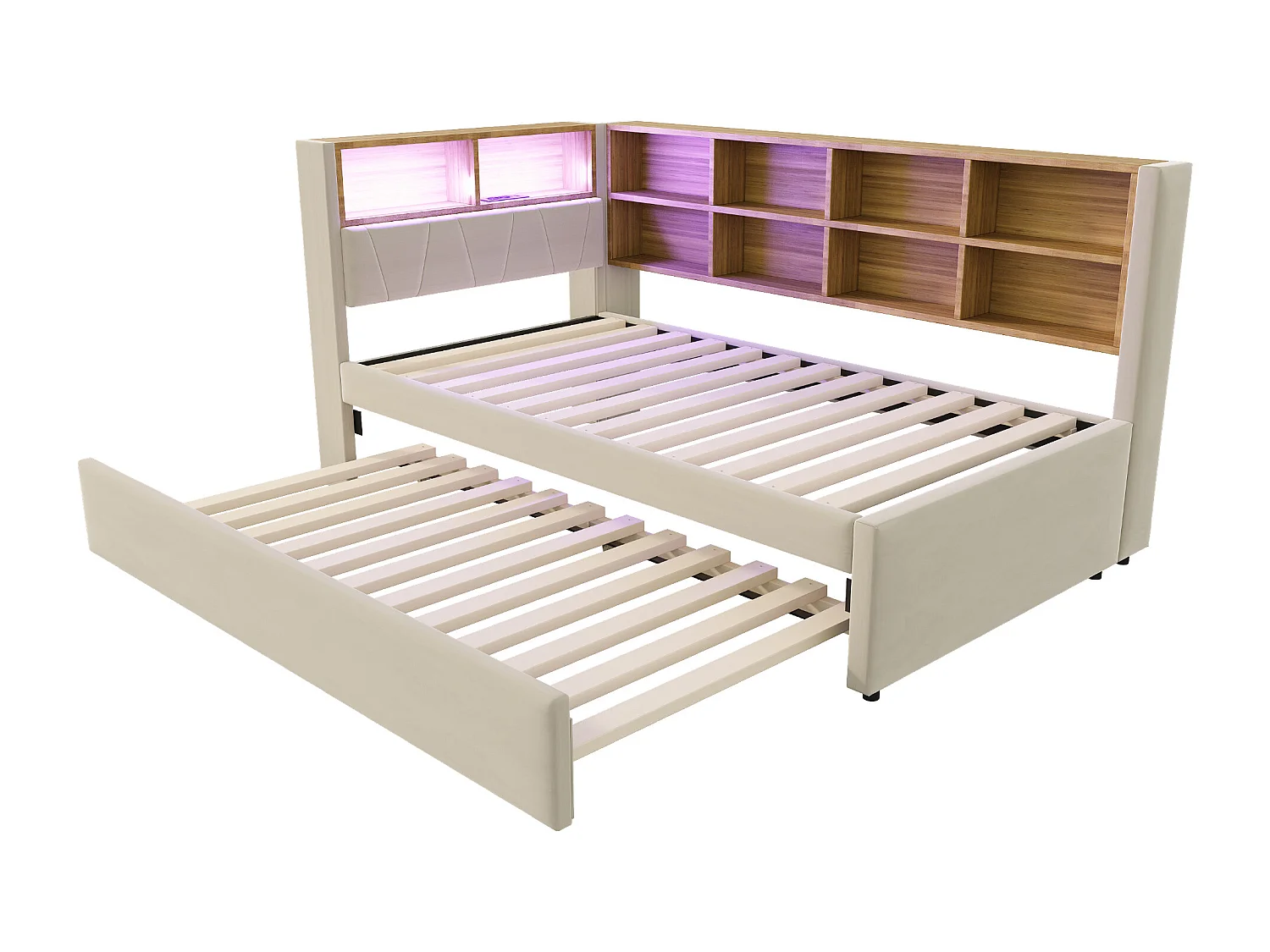 Lit banquette beige 90x200cm avec lit gigogne 90x190cm, éclairage LED, prises et rangement, flanelle