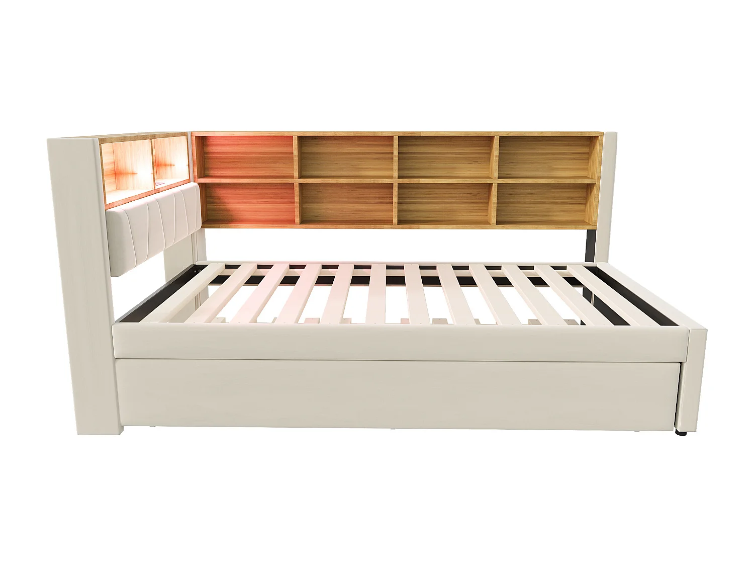 Lit banquette beige 90x200cm avec lit gigogne 90x190cm, éclairage LED, prises et rangement, flanelle