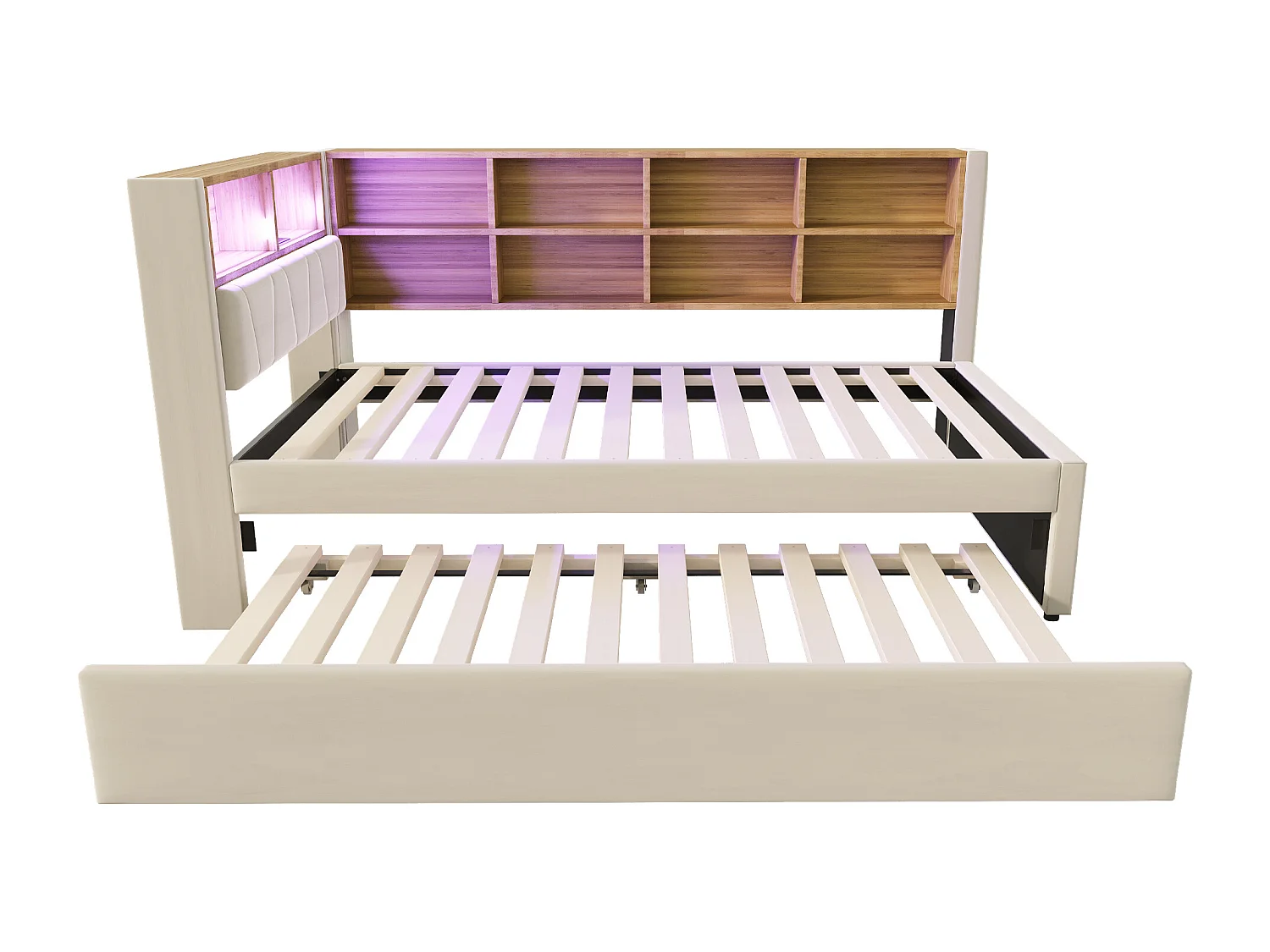 Lit banquette beige 90x200cm avec lit gigogne 90x190cm, éclairage LED, prises et rangement, flanelle
