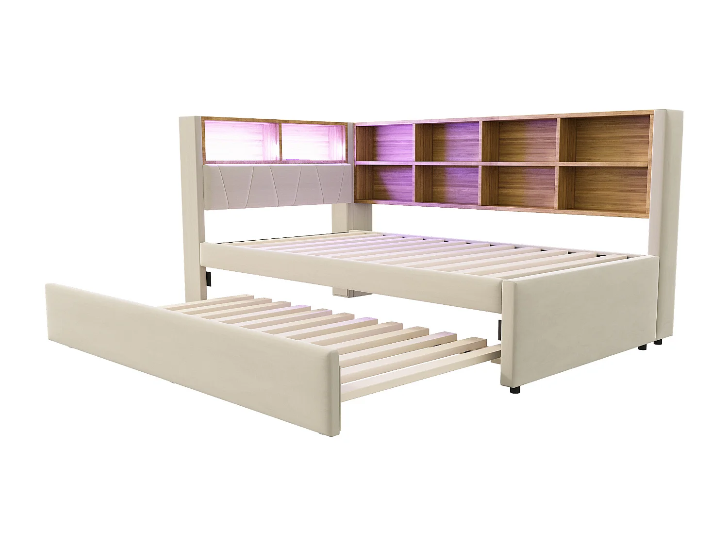 Lit banquette beige 90x200cm avec lit gigogne 90x190cm, éclairage LED, prises et rangement, flanelle