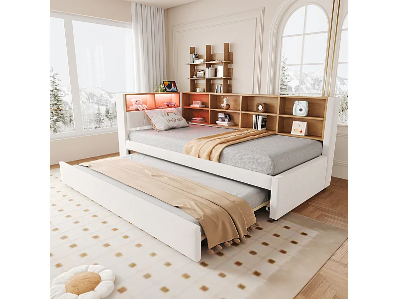 Divano letto beige 90x200cm con letto estraibile 90x190cm, illuminazione a LED, prese e contenitore, flanella