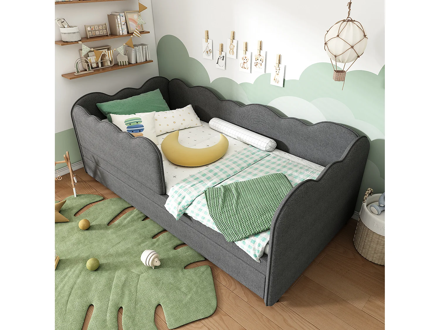 Lit banquette 90x190cm avec lit gigogne 90x190cm, forme nuage, tissu lin gris