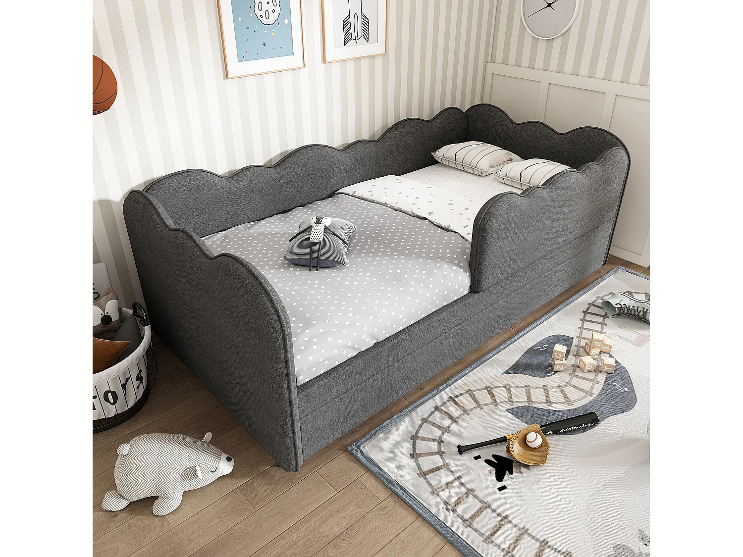 Lit banquette 90x190cm avec lit gigogne 90x190cm, forme nuage, tissu lin gris