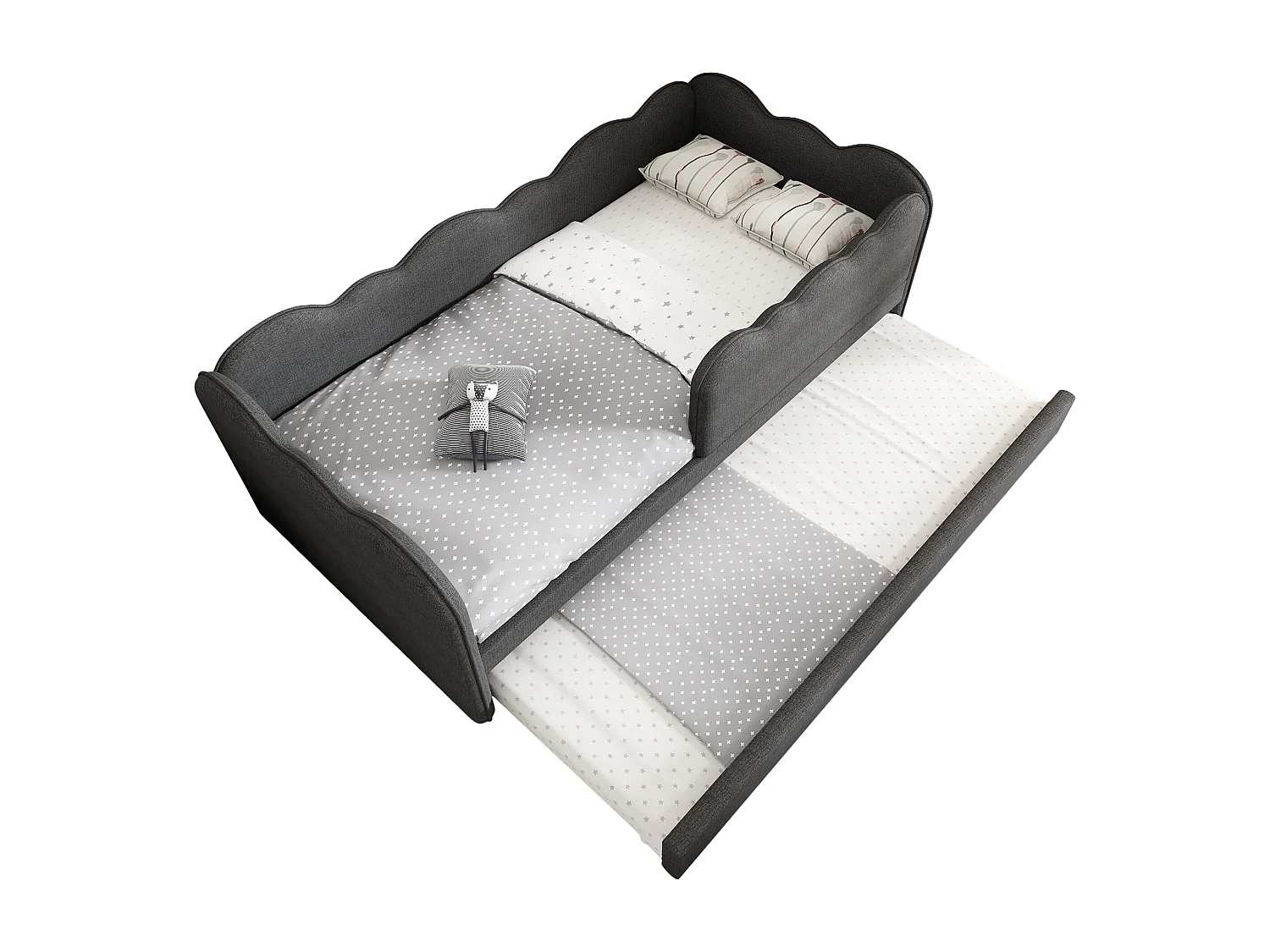 Lit banquette 90x190cm avec lit gigogne 90x190cm, forme nuage, tissu lin gris