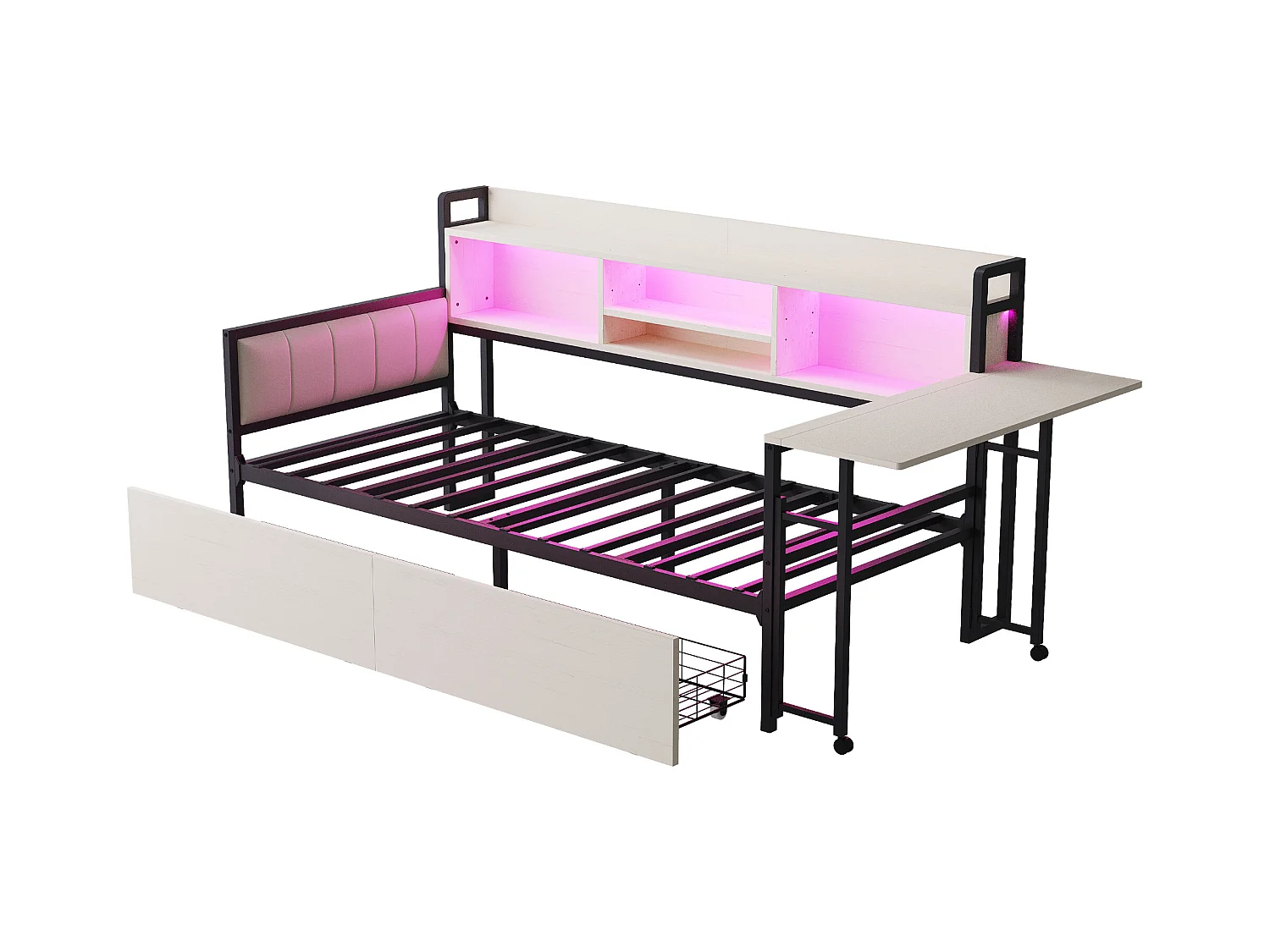 Divano letto bianco 90x20cm con 2 cassetti, illuminazione a LED, scrivania pieghevole e presa elettrica, legno + metallo