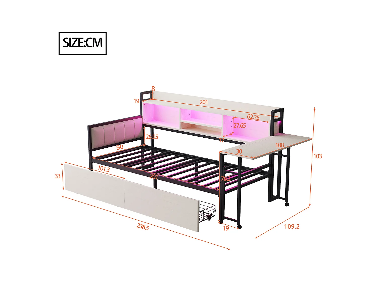 Divano letto bianco 90x20cm con 2 cassetti, illuminazione a LED, scrivania pieghevole e presa elettrica, legno + metallo