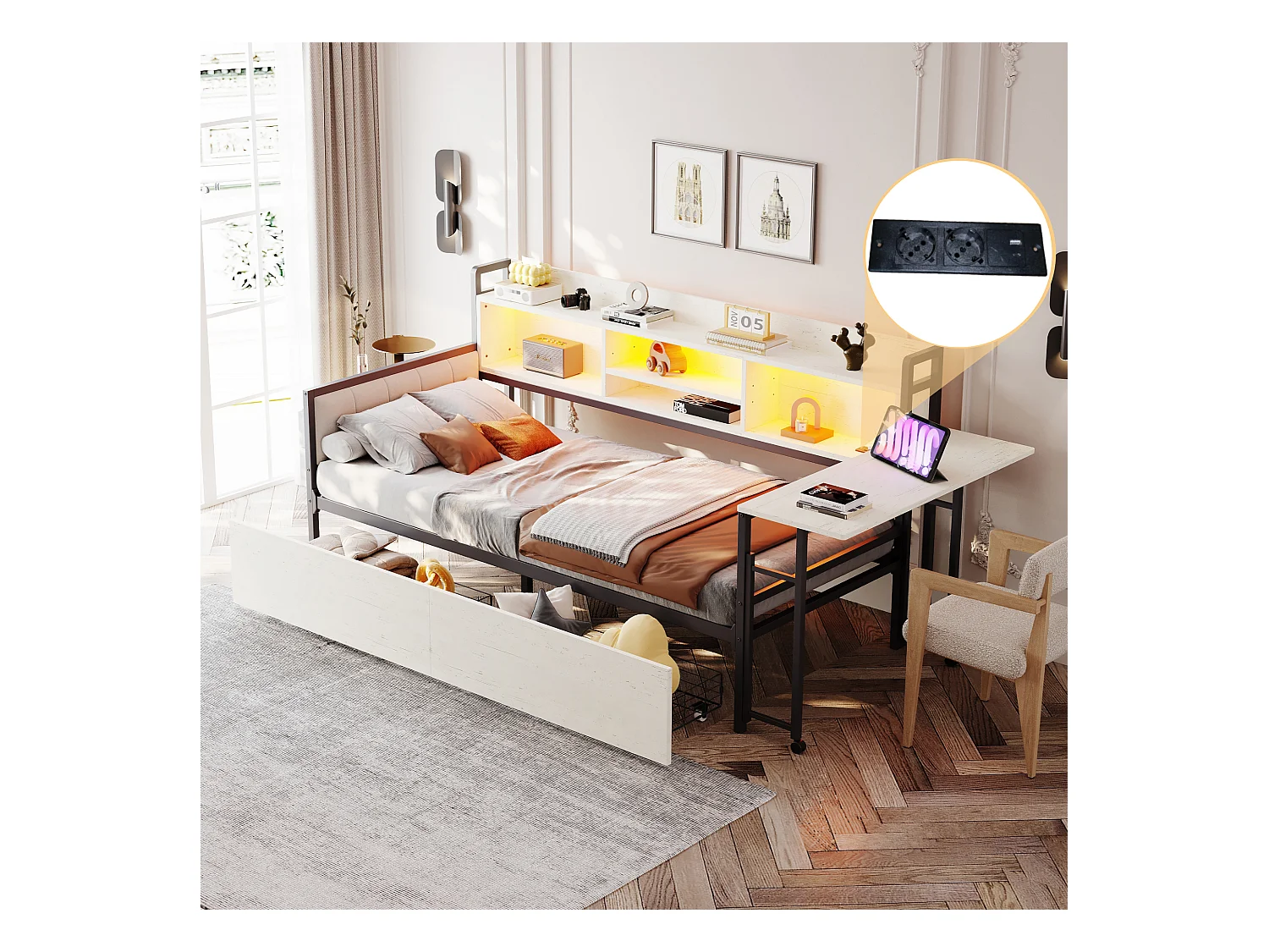 Divano letto bianco 90x20cm con 2 cassetti, illuminazione a LED, scrivania pieghevole e presa elettrica, legno + metallo