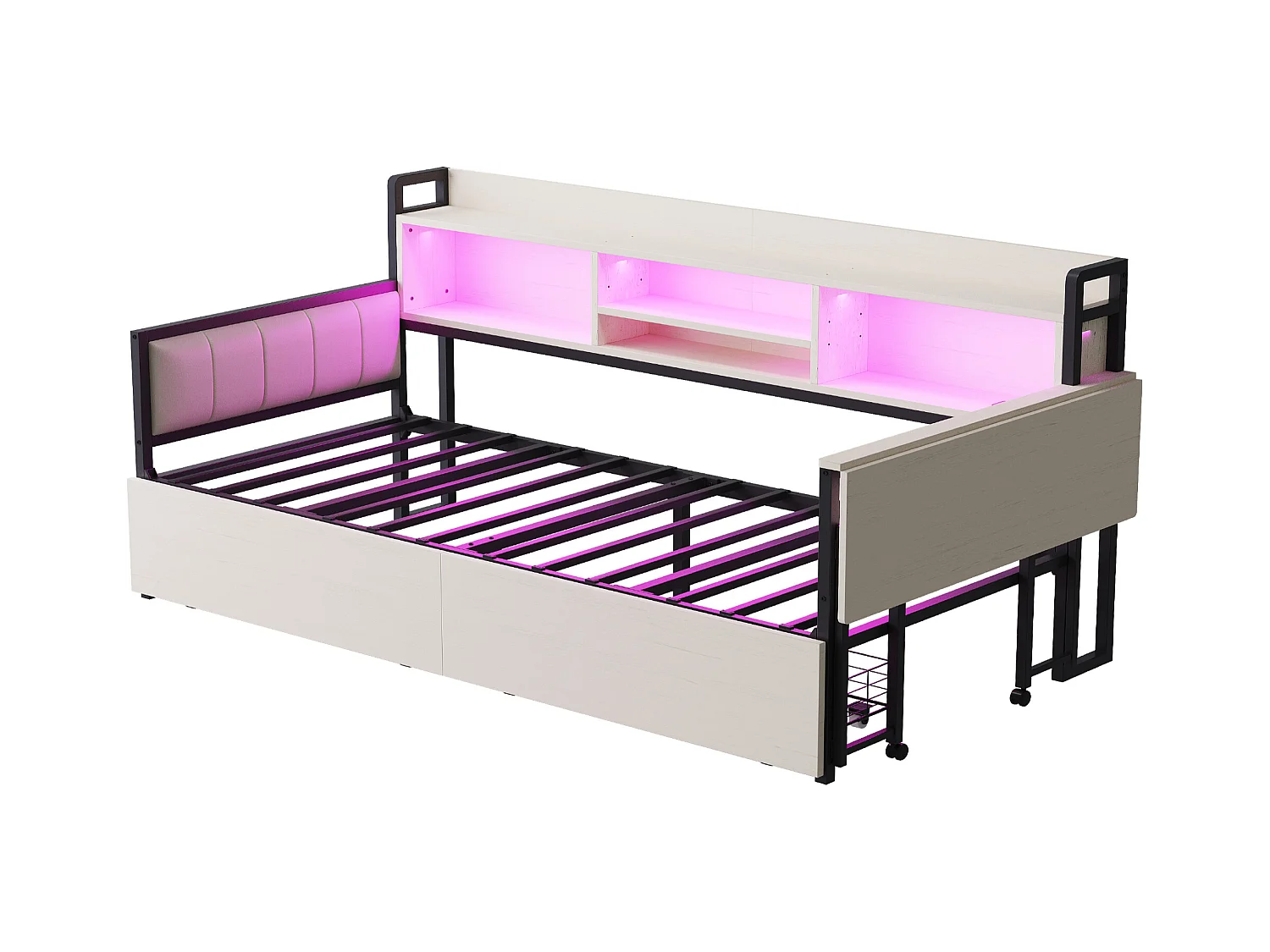 Divano letto bianco 90x20cm con 2 cassetti, illuminazione a LED, scrivania pieghevole e presa elettrica, legno + metallo