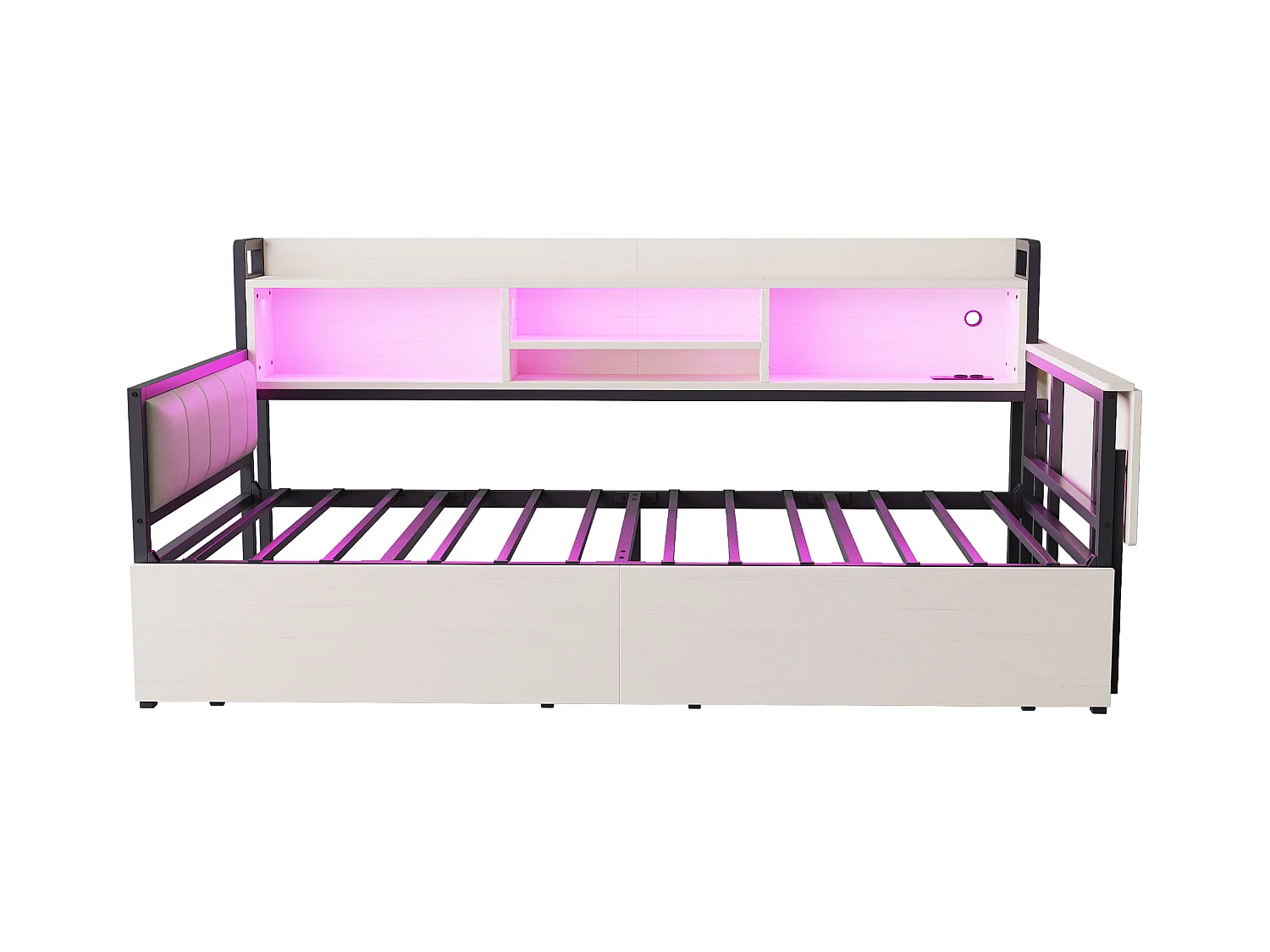 Divano letto bianco 90x20cm con 2 cassetti, illuminazione a LED, scrivania pieghevole e presa elettrica, legno + metallo