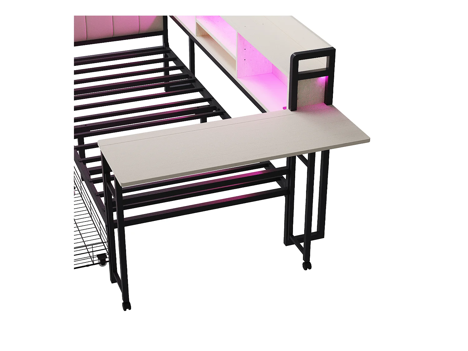 Divano letto bianco 90x20cm con 2 cassetti, illuminazione a LED, scrivania pieghevole e presa elettrica, legno + metallo