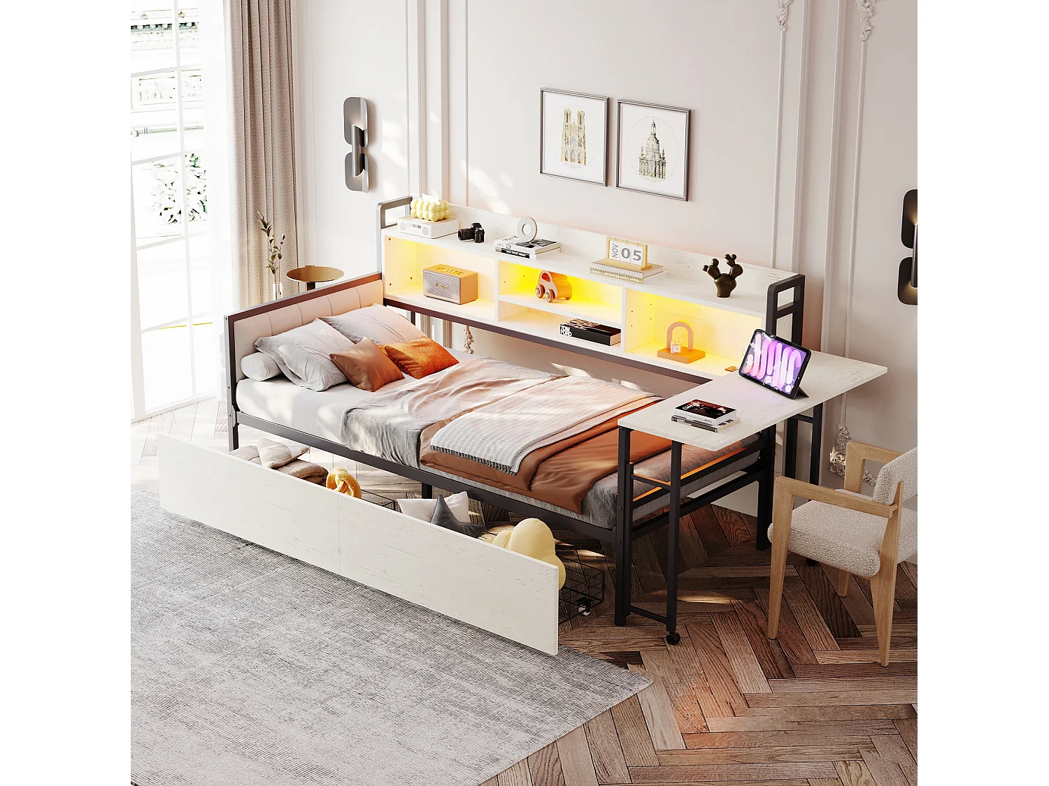 Lit banquette blanc 90x20cm avec 2 tiroirs, éclairage LED, bureau rabattable et prise, bois + métal