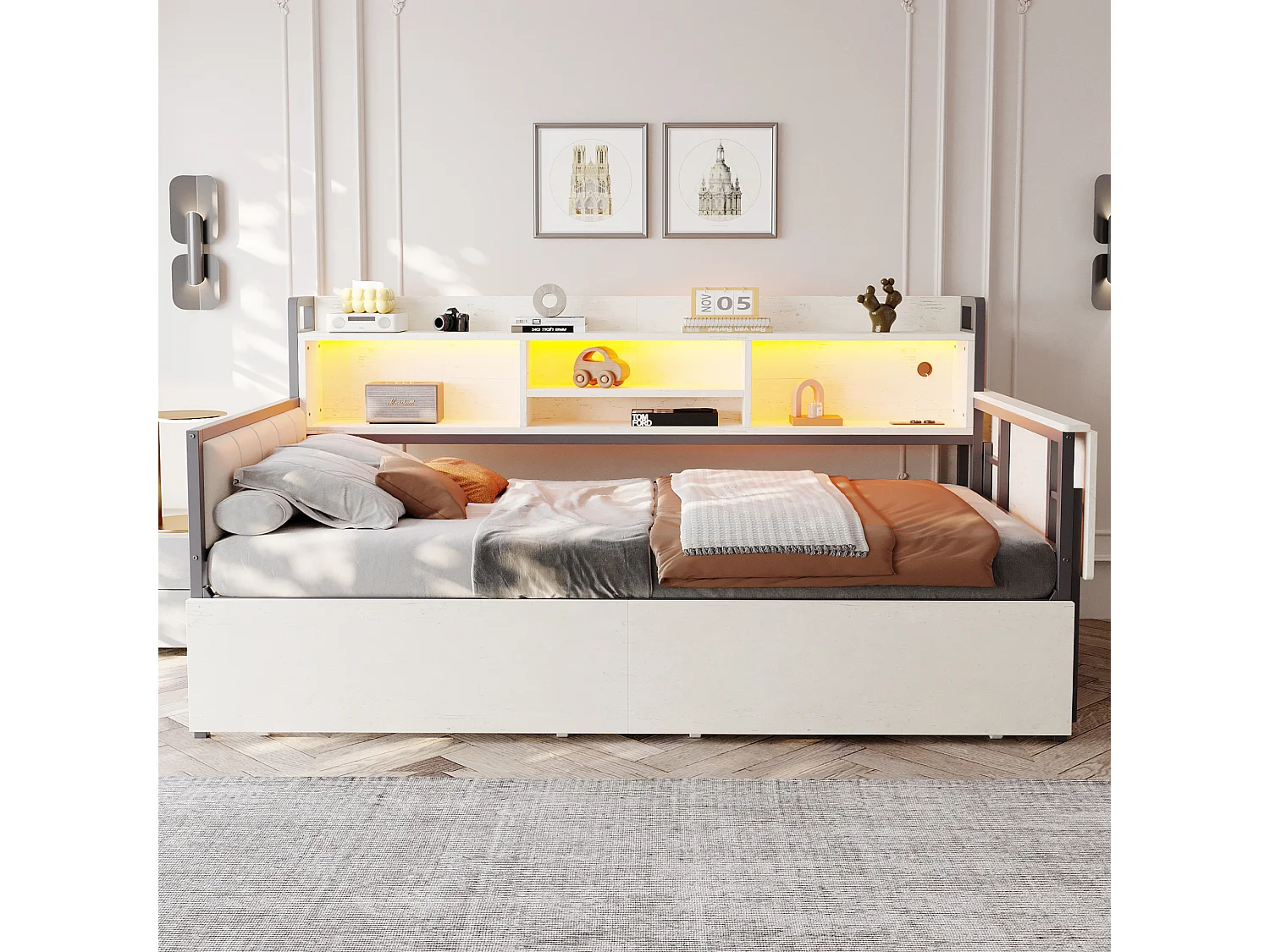 Lit banquette blanc 90x20cm avec 2 tiroirs, éclairage LED, bureau rabattable et prise, bois + métal