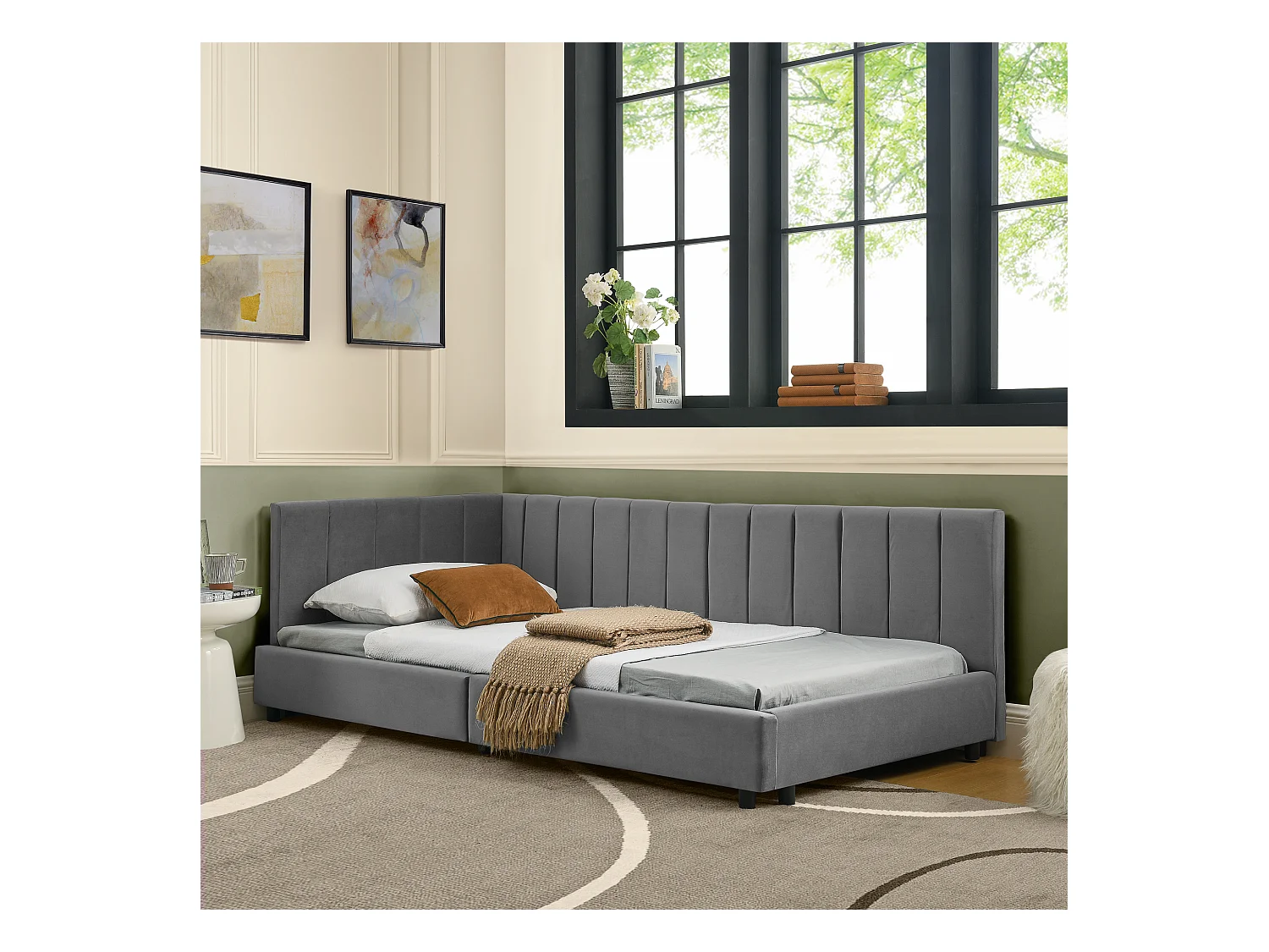 Eenpersoons slaapbank 90x200cm met hoge rugleuning, lattenbodem, grijs fluweel