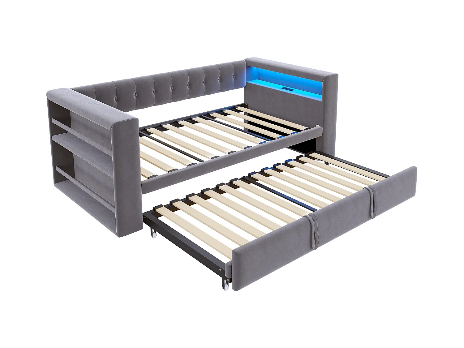 Divano letto 90/180 x 190 cm con illuminazione a LED, presa di corrente e contenitore, flanella grigio scuro