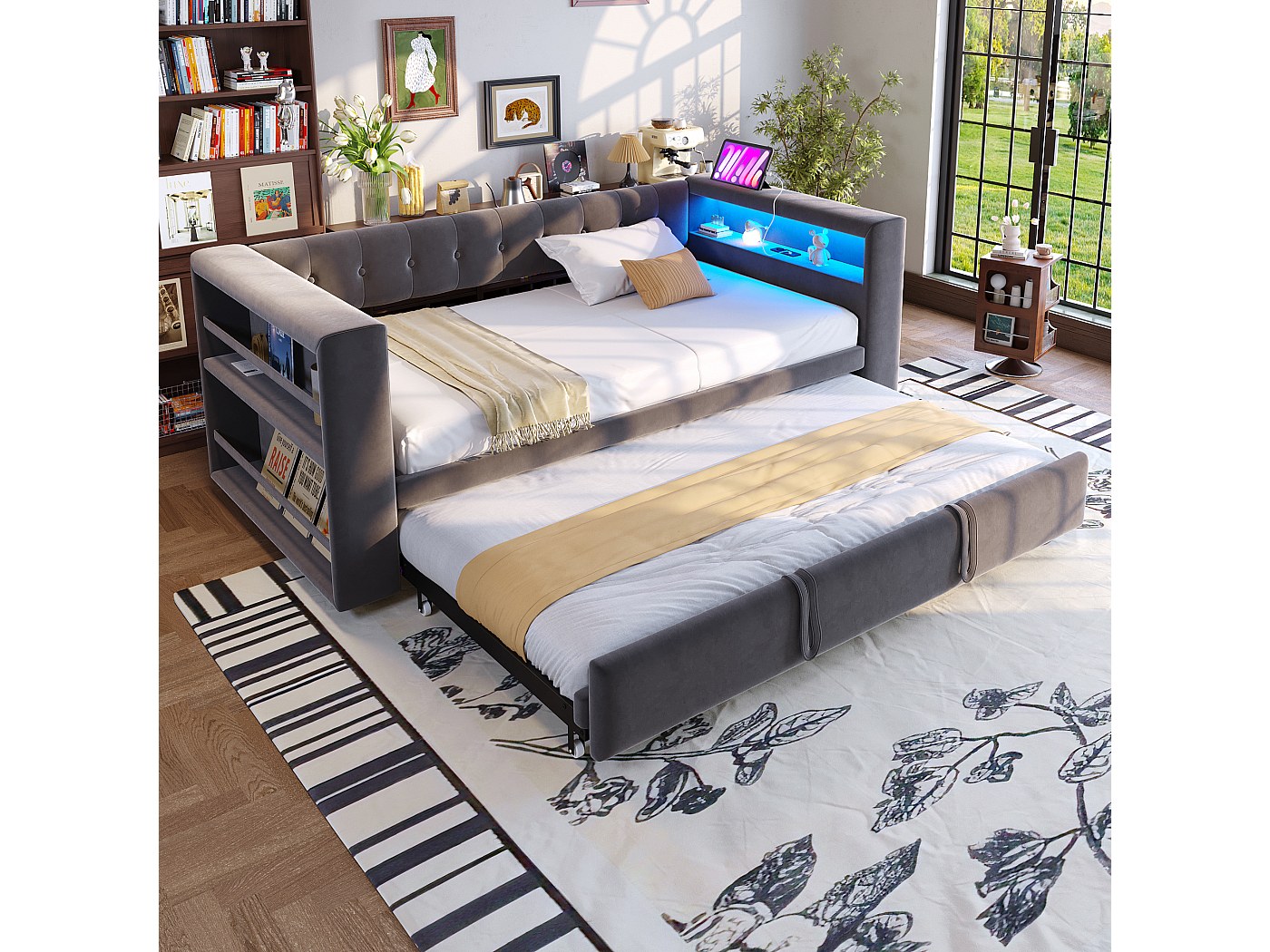 Divano Letto Imbottito In Velluto – 90/180 X 190 Cm Con Braccioli Portaoggetti E Porte USB – Struttura In Metallo, Doghe Incluse – Colore Beige
