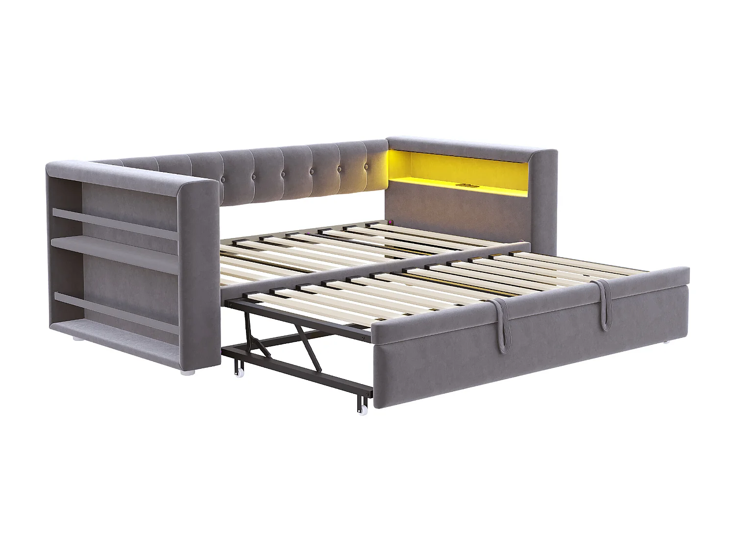 Lit banquette 90/180 x 190 cm avec éclairage LED, prise de courant et rangement, flanelle gris foncé