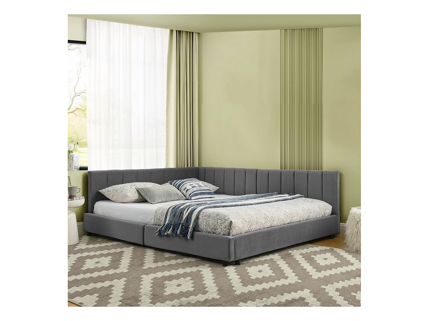 Tweepersoons slaapbank 140x200cm met hoge rugleuning, lattenbodem, grijs fluweel