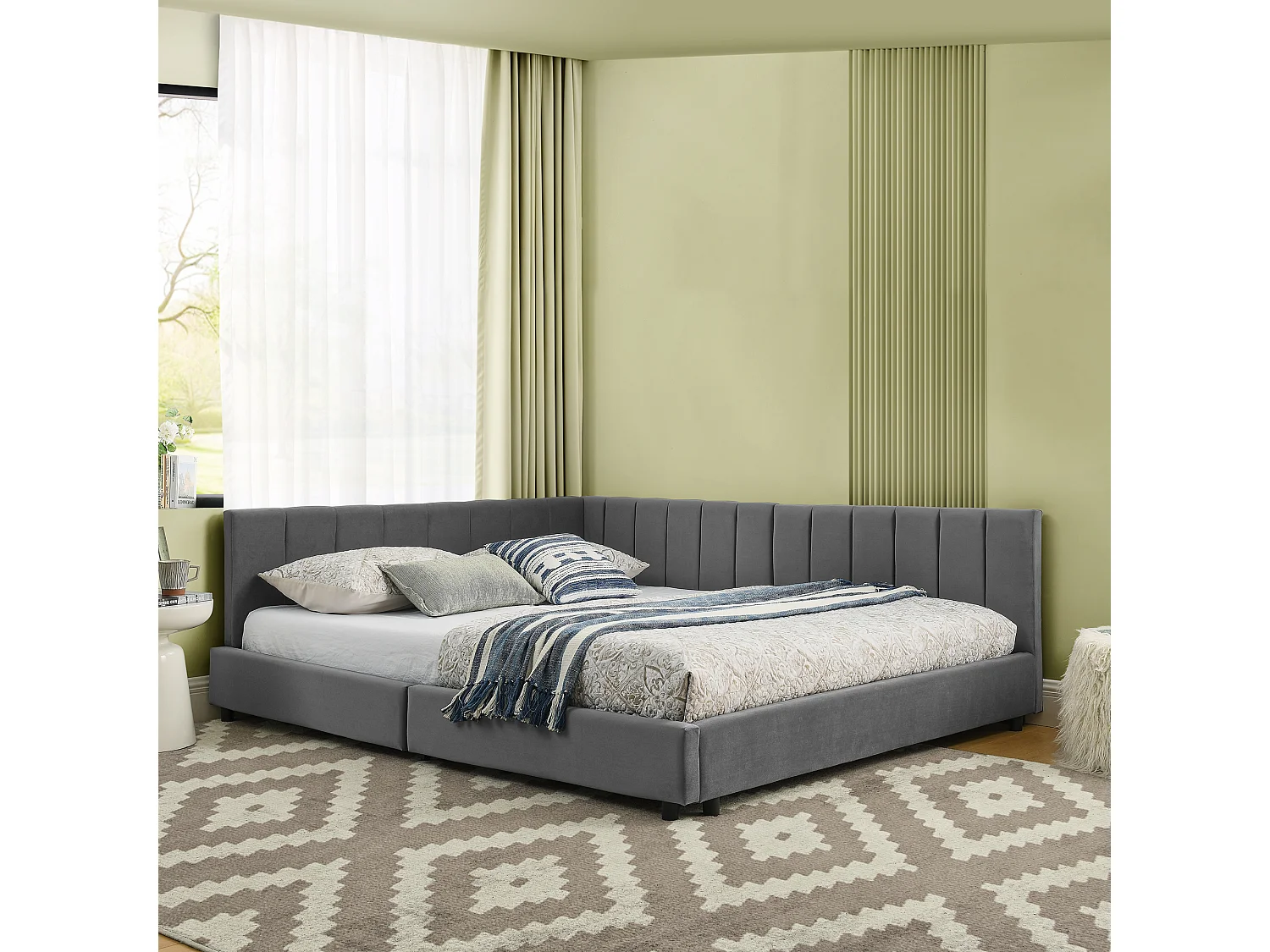 Lit banquette double 140x200cm avec dossier haut, sommier à lattes, velours gris