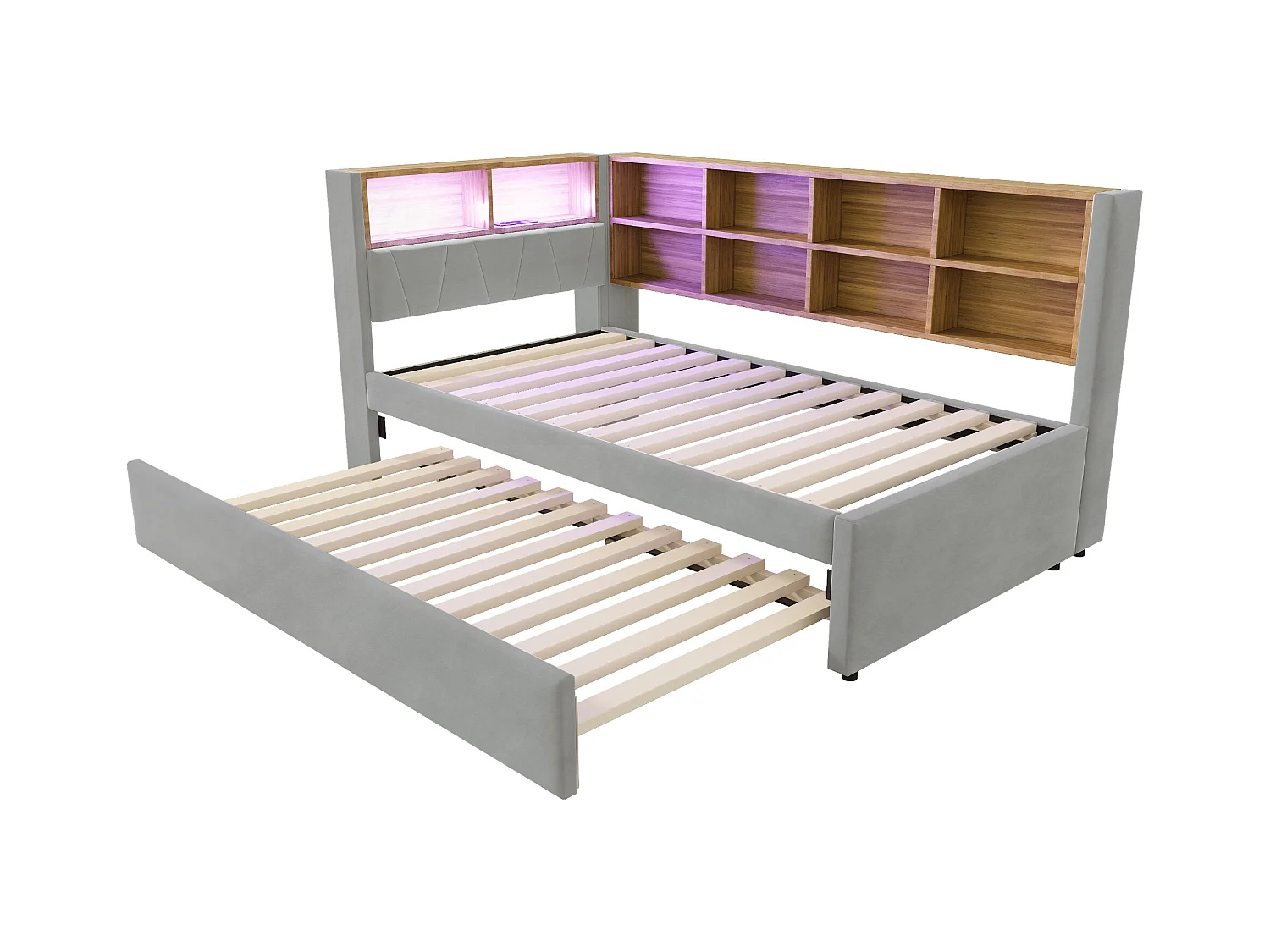 Divano letto grigio chiaro 90x200cm con letto estraibile 90x190cm, illuminazione a LED, prese e spazio di archiviazione, flanella