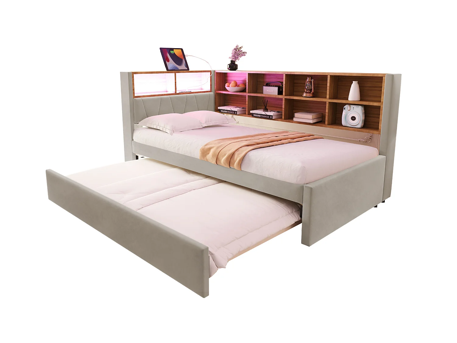 Divano letto grigio chiaro 90x200cm con letto estraibile 90x190cm, illuminazione a LED, prese e spazio di archiviazione, flanella