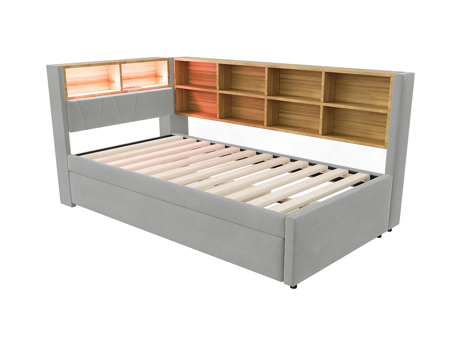 Divano letto grigio chiaro 90x200cm con letto estraibile 90x190cm, illuminazione a LED, prese e spazio di archiviazione, flanella