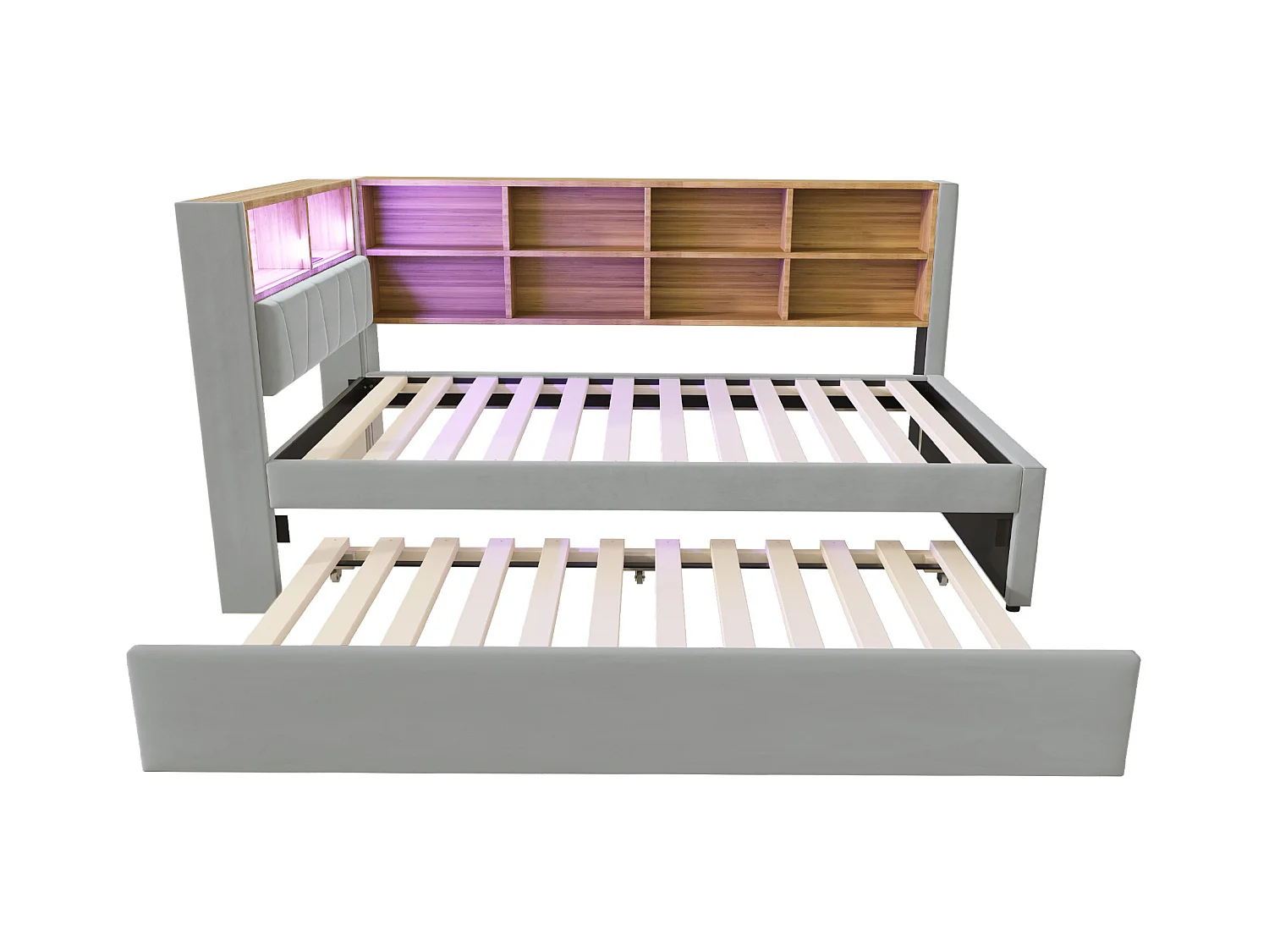 Divano letto grigio chiaro 90x200cm con letto estraibile 90x190cm, illuminazione a LED, prese e spazio di archiviazione, flanella