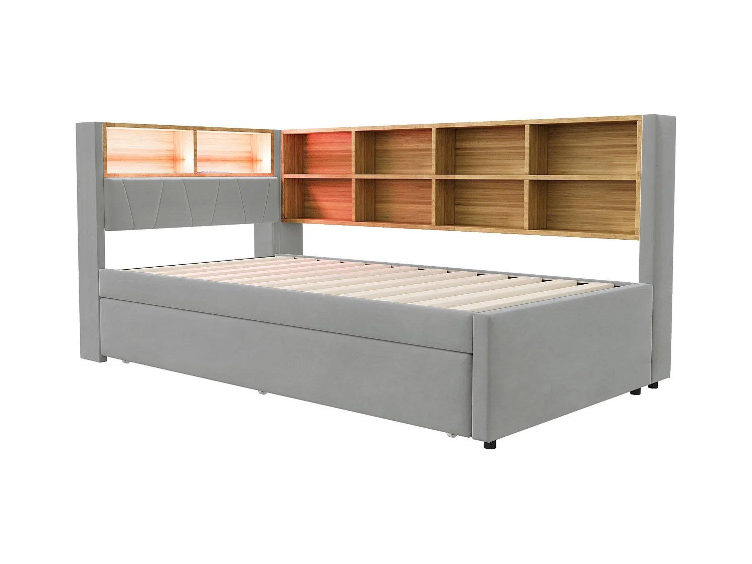 Divano letto grigio chiaro 90x200cm con letto estraibile 90x190cm, illuminazione a LED, prese e spazio di archiviazione, flanella