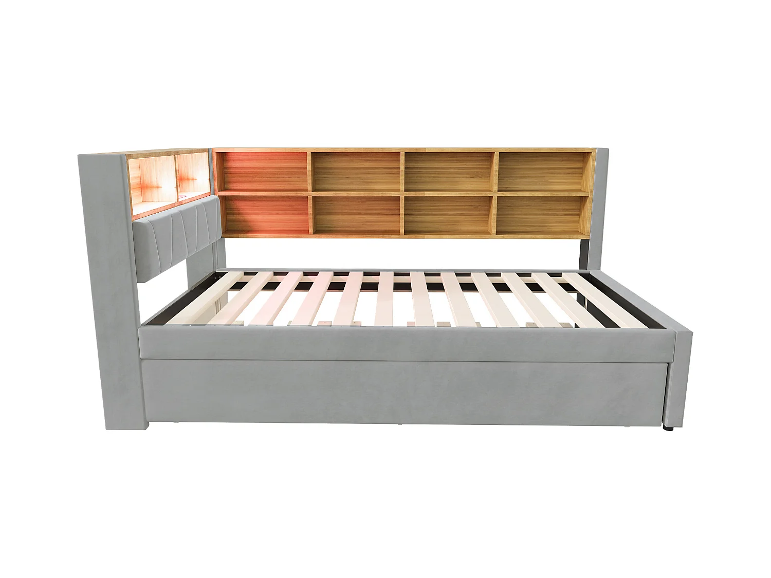 Divano letto grigio chiaro 90x200cm con letto estraibile 90x190cm, illuminazione a LED, prese e spazio di archiviazione, flanella