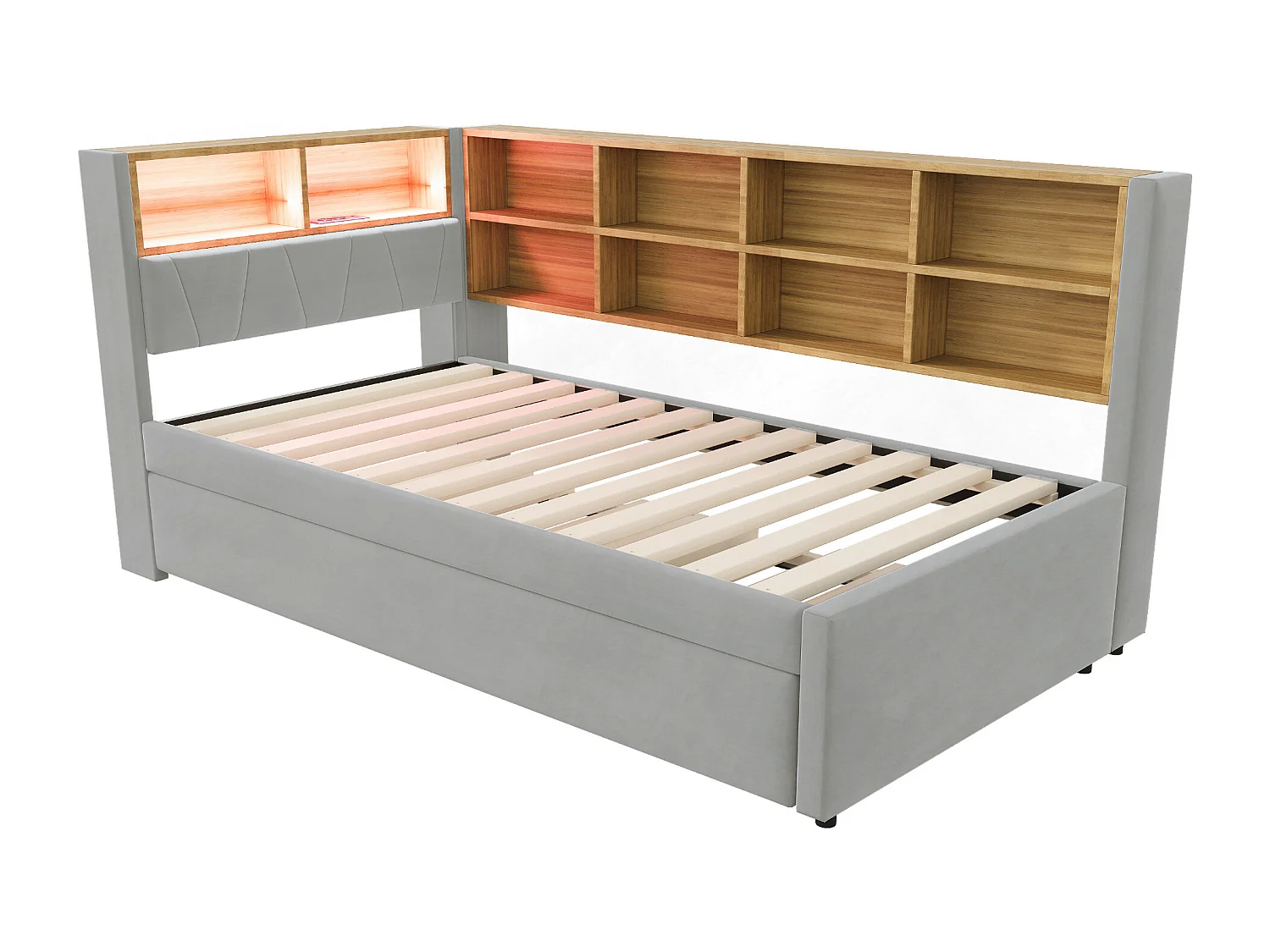 Divano letto grigio chiaro 90x200cm con letto estraibile 90x190cm, illuminazione a LED, prese e spazio di archiviazione, flanella