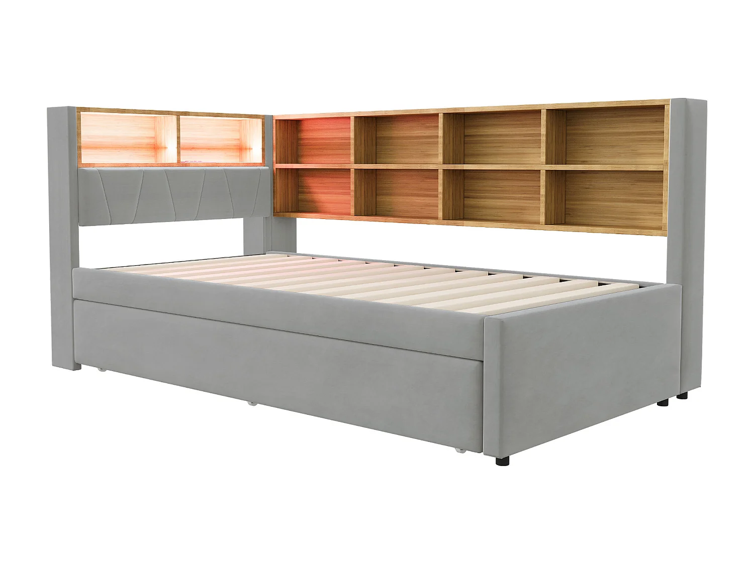 Divano letto grigio chiaro 90x200cm con letto estraibile 90x190cm, illuminazione a LED, prese e spazio di archiviazione, flanella