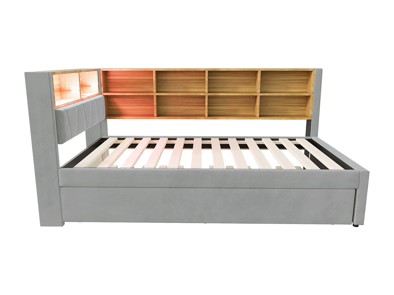 Divano letto grigio chiaro 90x200cm con letto estraibile 90x190cm, illuminazione a LED, prese e spazio di archiviazione, flanella