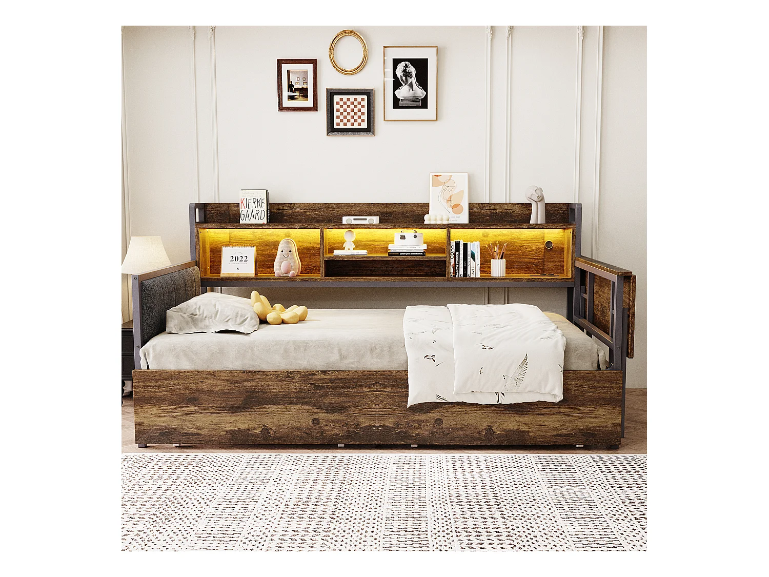 Divano letto color legno scuro 90x20cm con 2 cassetti, illuminazione a LED, scrivania pieghevole e presa elettrica, legno + metallo