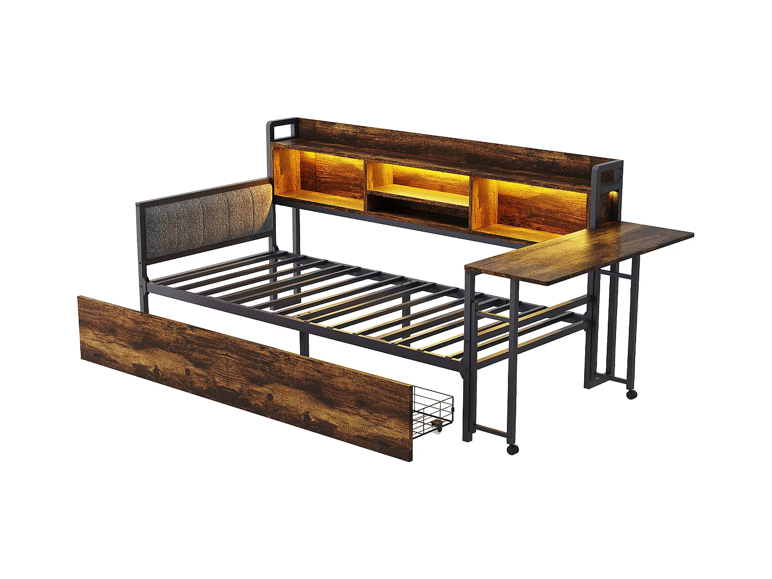 Divano letto color legno scuro 90x20cm con 2 cassetti, illuminazione a LED, scrivania pieghevole e presa elettrica, legno + metallo